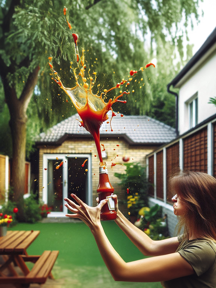 Giant bottle ketchup fountain