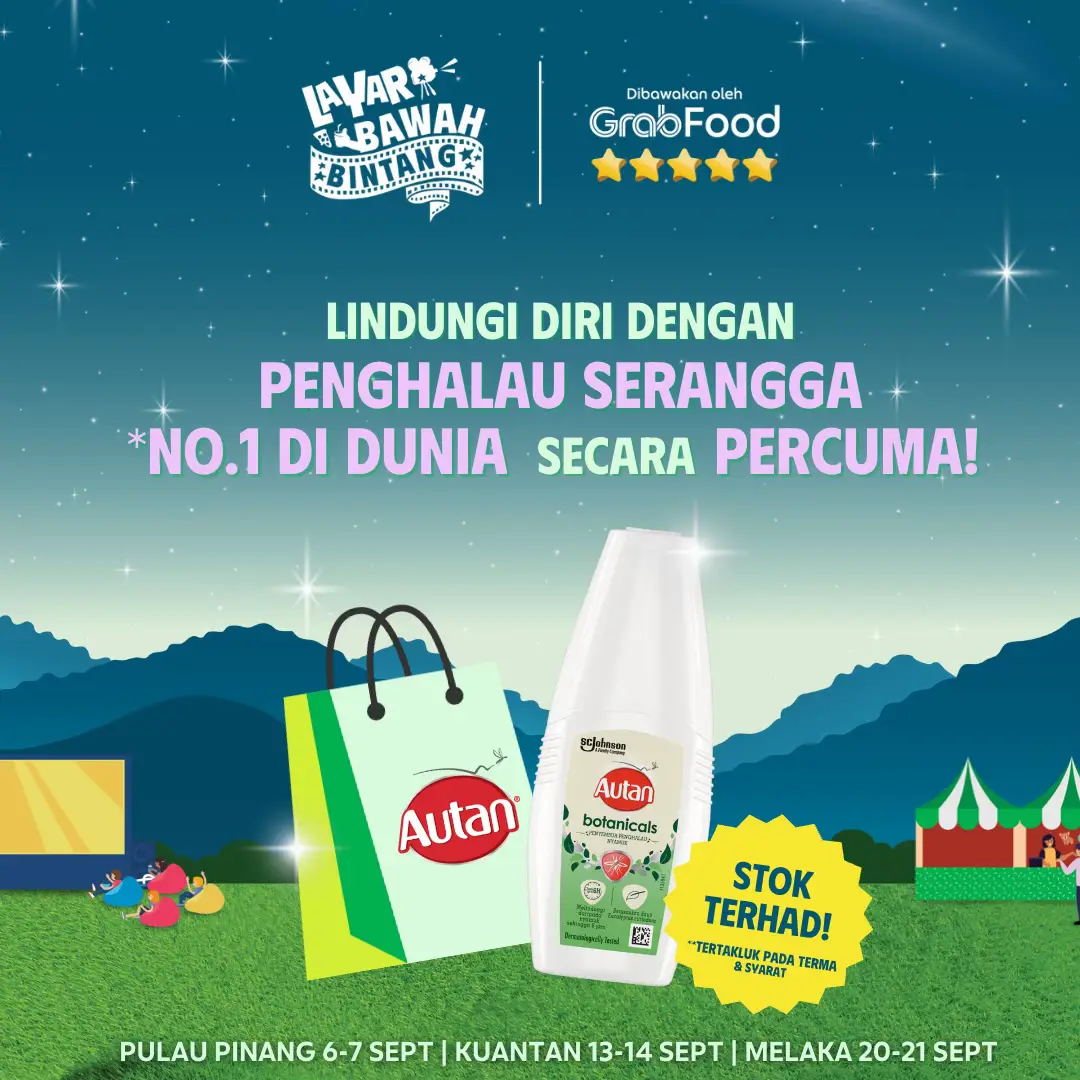 Who says sitting outside will get you bitten by mosquitoes and all that? 😖 Relax! Autan's got you covered, just grab it from the goodie bag! Autan is a plant-based product, you know! Suitable for everyone, even kids over 2 years old can use it. Just one spray, and you're automatically insect-free for up to 6 hours. 🚫🦟 So, you can chill and enjoy the event later, alright! Make sure you claim it fast because stocks are limited! See you there at: ⭐ Penang | 6-7 Sept @ Field next to Kopa Arena USM ⭐ Kuantan | 13-14 Sept @ Dataran Sayangi Kuantan ⭐ Melaka | 20-21 Sept @ Padang Dataran Pahlawan 📝 Register early so you don’t miss out 👇👇👇 / at the link in bio so you don’t miss out! 🟢 Penang: https://bit.ly/lbb-penang 🟢 Kuantan: https://bit.ly/lbb-kuantan 🟢 Melaka: https://bit.ly/lbb-melaka Follow Instagram, TikTok & Facebook @layarbawahbintang for the latest updates. *All information is subject to change.