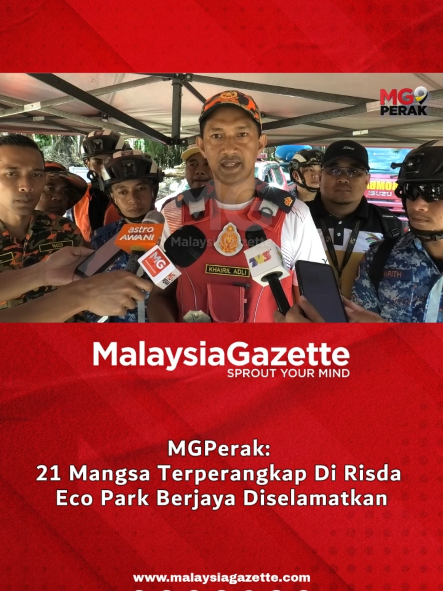 MGPerak: 21 Mangsa Terperangkap Di Risda Eco Park Berjaya Diselamatkan Kesemua 21 mangsa termasuk tujuh kanak-kanak yang terperangkap di Risda Eco Park, Kampung Ulu Slim, Slim River akibat kejadian kepala air dan muka sauk Loji Rawatan Air Sungai Geliting pecah dekat sini, berjaya diselamatkan hari ini. Ketua Zon 4 Jabatan Bomba dan Penyelamat Malaysia (JBPM) Perak, Khairil Adli Zakaria berkata, pihaknya menerima maklumat berhubung kejadian kepala air di Sungai Geliting di sini sehingga menyebabkan beberapa jambatan terputus di kawasan ini sekitar jam 8 malam tadi. - MGPerak #malaysiagazette #MGPerak #kepalaair #slimriver