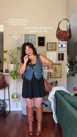 amother day another pinterest fit recreation 🕺🏻 it’s givinggggggg transitional fall fit  #falloutfitinspo #transitionaloutfits #fallpinterestoutfits #pinterestoutfitinspo #recreatingpinterestoutfits #kneehighboots #minidresses #denimvestoutfit 