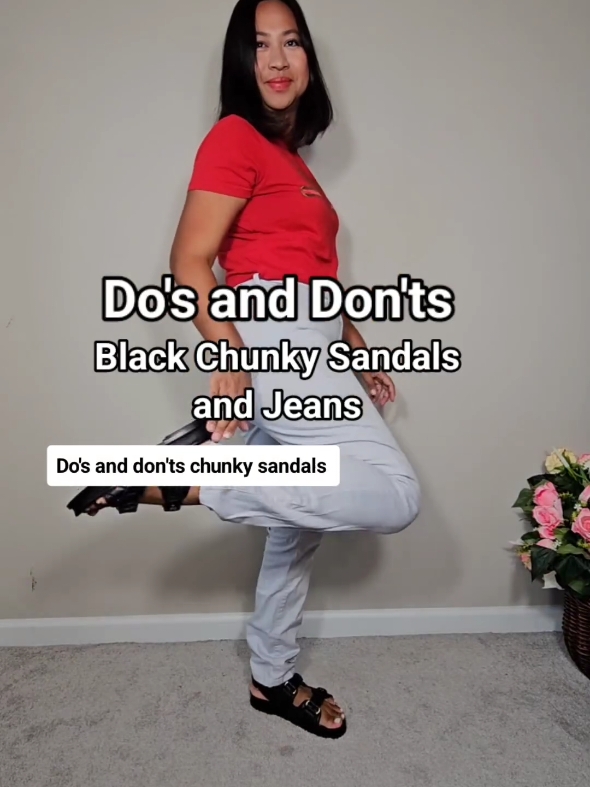 #creatorsearchinsights  #blackchunkysandals  #chunkysandalsoutfit  #style #outfitideas #jeans #styleover40 #styletips  Wearing black chunky sandals with jeans can create a stylish, contemporary look when done right. Here are some dos and don’ts to keep in mind for pairing black chunky sandals with various styles of jeans:  **Dos:** 1. **Do Choose Cropped Lengths:**    - Opt for cropped jeans that hit above the ankle. This length helps to show off the sandals and elongates the legs, creating a flattering silhouette.    2. **Do Wear Balloon Jeans:**    - Balloon jeans, with their relaxed fit and tapered ankle, balance the boldness of chunky sandals. They add volume to the lower half, complementing the heft of the sandals while providing a modern, trendy look.     3. **Do Wear Straight-Leg Jeans:**    - Straight-leg jeans offer a clean, classic silhouette that pairs well with chunky sandals. The straight lines provide balance and structure, making the outfit look cohesive and well-proportioned.    4. **Do Opt for Slim-Fit Jeans:**    - Slim-fit jeans are a great middle ground between skinny and straight-leg styles. They are slightly tapered and provide a flattering fit without being too tight, creating harmony with chunky sandals.     5. **Do Tuck In or Tie Up Tops:**    - Tucking in your top or wearing a cropped top can help define your waist and maintain balance in the outfit. This trick works well with the volume of balloon jeans and the bulk of chunky sandals. 6. **Do Play with Layers:**    - Adding a blazer, denim jacket, or cardigan can bring structure and depth to the outfit. Layering helps balance the bulkiness of the sandals and adds sophistication to casual looks.     7. **Do Keep the Rest of Your Look Simple:**    - With statement footwear like black chunky sandals, simple accessories and neutral colors for the rest of the outfit work best. This lets the sandals stand out without overwhelming the look. 8. **Do Consider High-Waisted Jeans:**    - High-waisted balloon, straight-leg, or slim-fit jeans can elongate the legs and balance out the look of chunky sandals. They create a flattering silhouette, emphasizing the waist.  **Don’ts:** 1. **Don’t Wear Skinny Jeans:**    - Avoid pairing black chunky sandals with tight-fitting skinny jeans. The contrast between the bulkiness of the sandals and the tight fit of the jeans can create an unbalanced and disproportionate look. 2. **Don’t Overdo Accessories:**    - Since black chunky sandals are a bold statement piece, over-accessorizing can make the outfit look too busy. Stick to minimal jewelry and accessories to maintain a chic, balanced appearance. 3. **Don’t Choose Jeans That Are Too Long:**    - Avoid jeans that are too long or baggy at the bottom, as they can cover the sandals and make the outfit look sloppy. The goal is to showcase the sandals, so keep the jeans at an ankle-grazing length. 4. **Don’t Pair with Extremely Loose or Oversized Tops:**    - Combining oversized tops with balloon jeans or straight-leg jeans and chunky sandals can result in an outfit that lacks shape and definition. Opt for more fitted or tucked-in tops to maintain a balanced silhouette. 5. **Don’t Go Overboard with Colors or Patterns:**    - Stick to neutral or monochromatic color schemes when pairing jeans with black chunky sandals. Loud patterns or clashing colors can distract from the overall aesthetic and make the outfit feel disjointed. 6. **Don’t Forget to Balance Volume:**    - If you're wearing jeans with more volume, like balloon jeans, balance it out with a more structured or fitted top. The key to a flattering outfit is maintaining balance across the entire look.