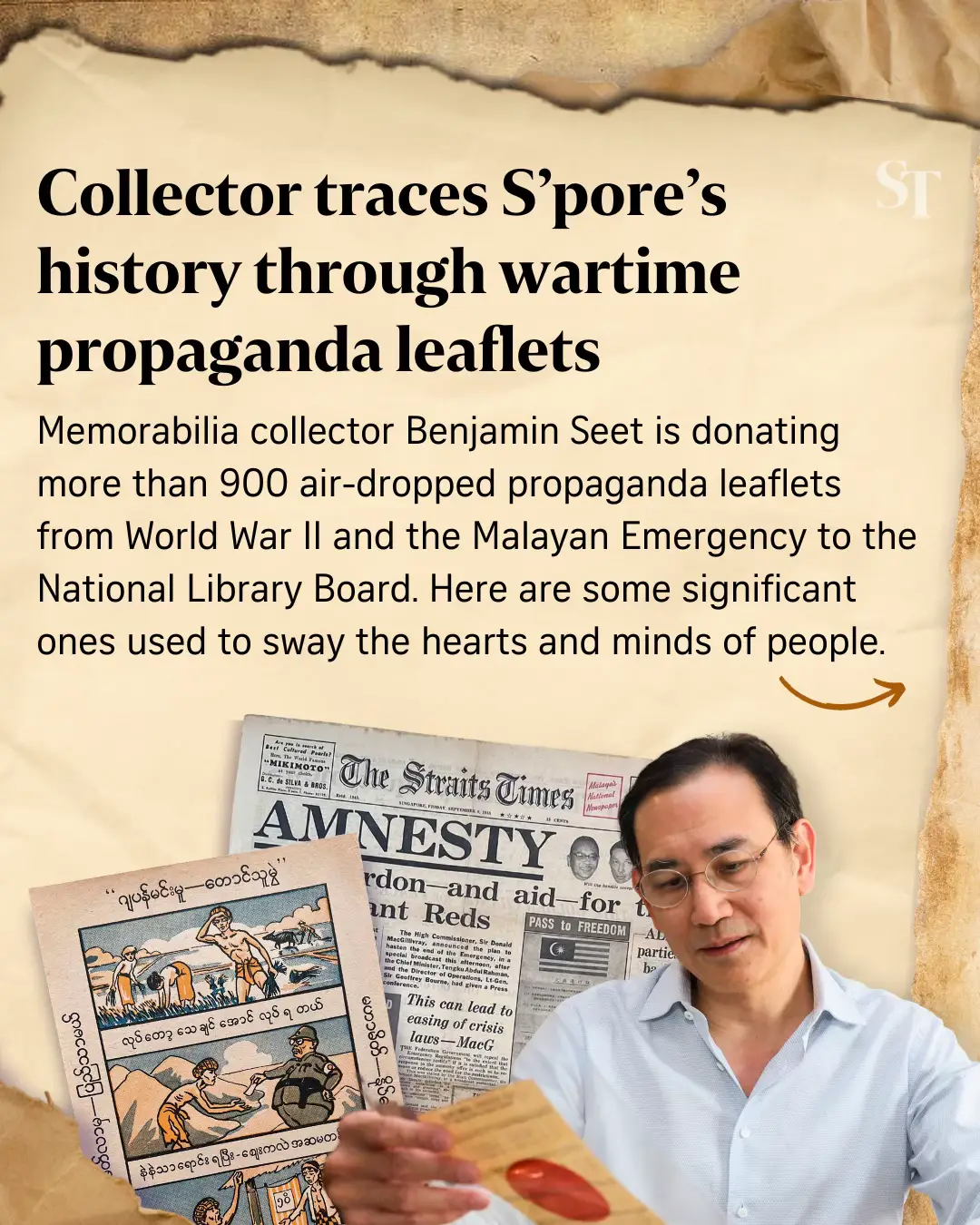 Dr Benjamin Seet spent 30 years collecting more than 900 pieces of propaganda leaflets from World War II and the Malayan Emergency. This month, he donated them to the National Library Board to be part of Singapore's national archives. @NLB Singapore  🎨: Tan Hwee San, 📸: Benjamin Seet #WWII #WW2 #Singapore #malayan #history #historytime #sghistory 