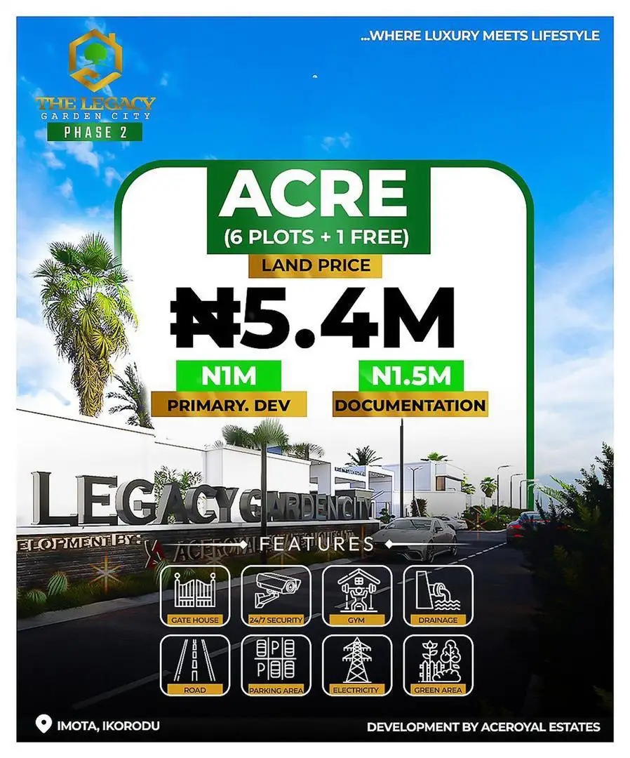 Hello Smart INVE$TORS!!! Did you Missed out on The Legacy Garden City phase 1? Sold out in a Record Breaking Time. Don’t Miss out on our Live Changing Opportunity at  LEGACY GARDEN CITY Phase 2. …where every day is a cherished memory.  Best for all Smart INVE$TORS in Nigeria & Diaspora.  Now is your chance to make it right with The Legacy Garden City, Phase 2!!! 📍Location: Imota, Ikorodu 📄Land title: Registered Survey Available Land Sizes: ▶️1Acre ▶️ 500Sqm (1plot) 👉500sqm Plot Price: #950,000 👉Acre price: #5,400,000. Get 1 free plot for every acre purchased. Statutory fees( legal documentation, registered survey and allocation fees ): • #1.5Million for 1acre;  • ⁠N250,000 for 500sqm Primary development fee: #1m for 1acre; N250,000 for 500sqm 👉Initial deposit - N150,000 for 500sqm;  - ⁠N1.5Million for 1 acre  Flexible Payment plans available 3months and 6months For Inspection Bookings Call: 07066059068 Whatsapp: wa.me/2347066059068 Landmarks:  🏫Caleb University  🏭Imota Rice Mill 🚸Imota Roundabout ⛴️Ikorodu Ferry terminal  👨🏽‍🎓LasuTech   Features 🔸24/7 Security 🔹Gate House & Perimeter Fence 🔸Green Area 🔹Road 🔸Drainage system This is a limited time offer, hurry now!!! For Inspection Bookings Call: 07066059068 Whatsapp: wa.me/2347066059068 #newweek #trending #tiktok #viral #fabsrealestate #uk #realestate #smartinvestor 