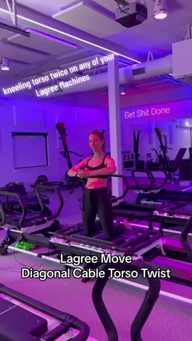 Lagree Move of the Week: Diagonal Cable Kneeling Torso Twists ❤️‍🔥This variation of the Torso Twist using the opposite cable is a fantastic way to connect with the targeted oblique and help with some of our transitions like Scrambled Eggs!  Shoutout to Amy Peace for the inspo for this!  Most people have a hard time engaging the targeted oblique which is the side closest to the cable and this variation makes it much easiest to connect with it🔥 🔥Resistance: at least 2 light springs 🔥Duration: Starts at a minute 🔥Form/Alignment: Grab the cable from behind you and kneel on the center of the carriage with the body squared off to the side of the space. Anchor the feet against the side rail/ring of fire behind you on the carriage (this help prevent the rotation of the hips and helps keep them anchored) Keep the cable in the hand of the side closest to the cable.  Bring the other hand on top with the arms in line with the chest. Start to slowly rotate the torso towards the front platform following the hands with the eyes. Stopping before the hips rotate.  🔥Pairing: Single Knee Variation, Tailbone Torso Twist, Seated Torso Twist 🔥Tempo: You must go slow, starting at a 4 count but aiming for a 8-10 count! 🔥Mods: Bring knees closer to the front of the carriage for more resistance from the springs, bring knees closer to the back of the carriage for less intensity. Add an extra light spring for more intensity.  Thoughts?! What move do you want to see me feature on a Monday?! Let me know in the comments below! ⬇️Tag someone below who should try this move!  Workouts on @LagreeingatHome  EVO from @Lagree Fitness  📍 Monarch Fitness #bozeman  Outfit @Vuori Clothing  . . . #lagree #lagreefitness #Fitness #communityovercompetition #lagreecommunity #lagreefamily #lagreeinstructor #megaformer #fitnessinstructor #mondaymotivation #microformer #micromoves #micromonday #megamoves #megamonday #twistedworkout #obliques