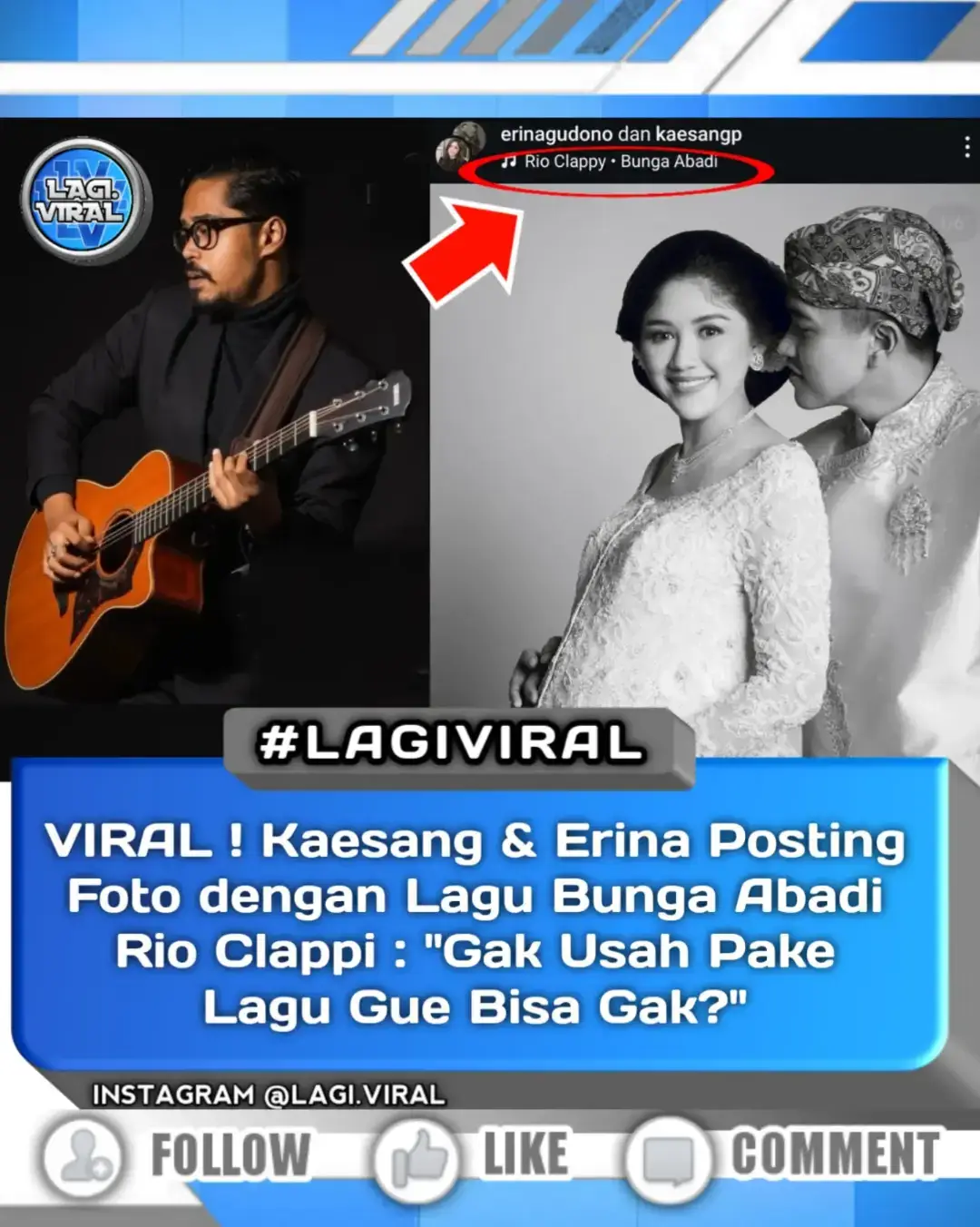 Kekesalan terhadap Kaesang Pangarep nampaknya masih begitu terasa di berbagai elemen masyarakat. Salah satunya musisi Rio Clappy yang tak sudi lagunya dipakai oleh istri Kaesang, Erina Gudono, sebagai backsound konten Instagram. Penyanyi Bunga Abadi itu bahkan secara gamblang menyatakan ketidakrelaannya Erina dan Kaesang Pangarep menggunakan lagu ciptaannya tersebut di konten tentang perjalanan kehamilannya. 