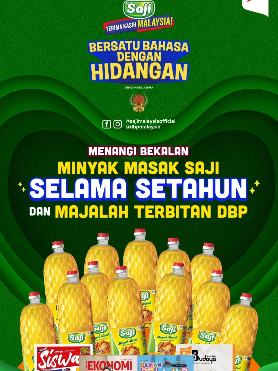 Bersempena dengan Sambutan Hari Kemerdekaan yang ke-67, ayuh sertai Peraduan Pantun Merdeka anjuran SAJI dan Dewan Bahasa dan Pustaka Malaysia (DBP) yang mengangkat tema “Bersatu Bahasa dengan Hidangan”. Anda berpeluang untuk memenangi bekalan minyak masak SAJI selama SETAHUN dan majalah terbitan DBP. Wah! 😍 Untuk sertai, ikuti langkah-langkah di bawah: 1. Anda hendaklah menjadi pengikut @sajimalaysiaofficial dan @DBPMalaysia di Facebook dan/atau Instagram dan/atau TikTok. 2. Muat naik video pantun anda dengan bertemakan kemerdekaan dan sertakan perkataan “SAJI” dalam pantun anda. 3. Pastikan anda guna tanda pagar (#) #PantunSAJIxDBP. 4. Tag  @sajimalaysiaofficial (Tiktok @sajimalaysia) dan @DBPMalaysia bagi hantaran video anda. Peraduan ini berlangsung dari 26 Ogos sehingga 8 September 2024. Tertakuk pada terma dan syarat: https://bit.ly/PeraduanPantunSAJIxDBP #ProdukKeluaranFGV #SAJIDiHati #PantunSAJIxDBP