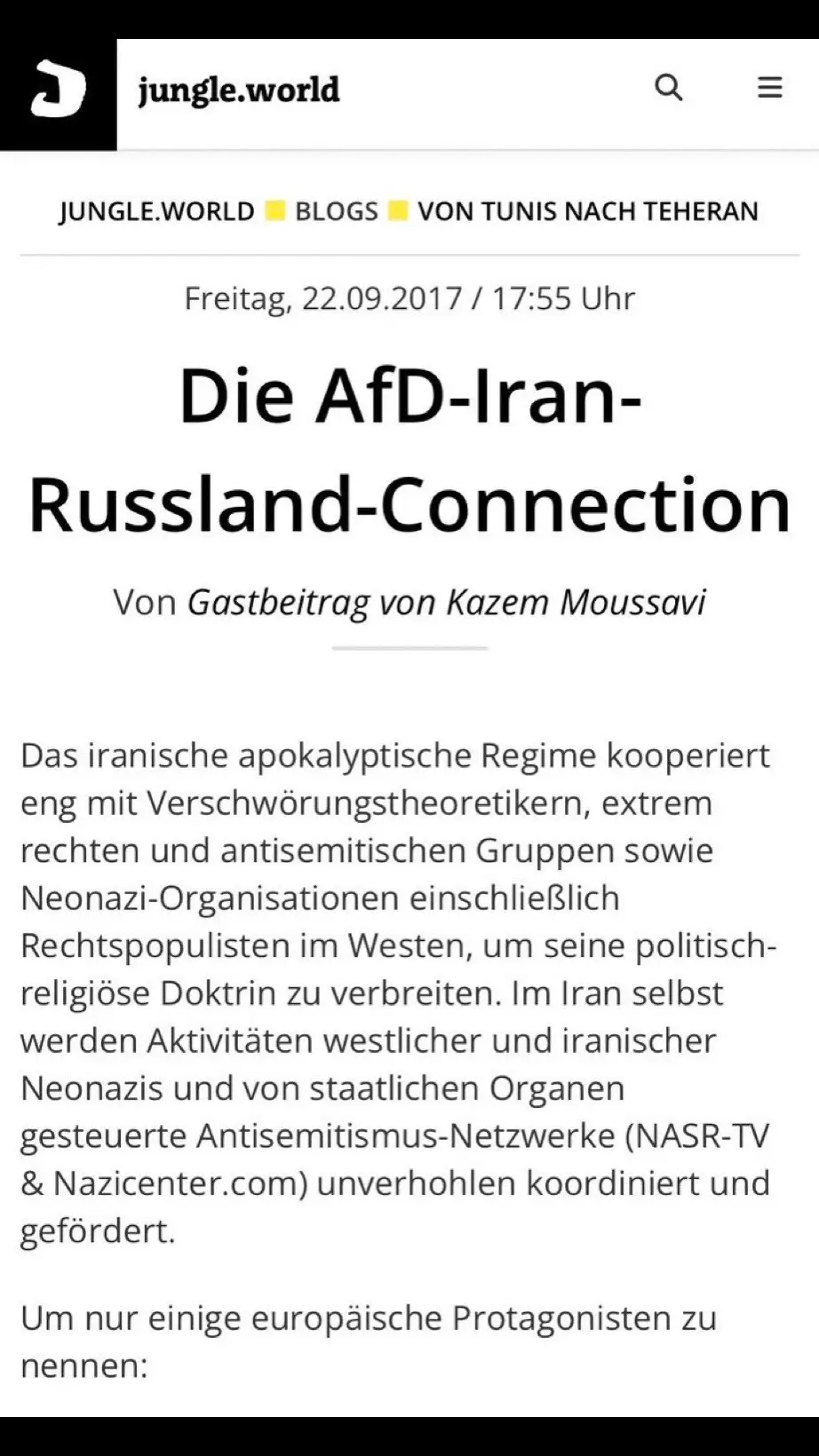 Trägt die AfD eine Mitschuld an den islamistischen Terror-Anschlägen in Deutschland? Was weiß die AfD? Die AfD-Iran-Russland-Connection: Deutsches Zentrum für Eurasische Studien. Markus Frohnmaier (Listenplatz für die AfD im zukünftigen Bundestag), zusammen mit Ochsenreiter Gründer der rechtsextremen Zeitschrift „Zuerst!“, Sprecher von Alice Weidel und Bundesvorsitzender der JA (der Jugendorganisation der AfD), Thomas Rudy, AfD-Landtagsabgeordneter in Thüringen und Mateusz Piskorski gehören zu den Gründern des „Deutschen Zentrums für Eurasische Studien“, das proiranische und prorussische Propaganda betreibt. Mateusz Piskorski, mutmaßlicher Agent Putins und Dekan der „Warschauer Akademie für Internationale Beziehungen“ nahm 2015 an der iranischen Holocaustleugner-Konferenz teil. Am 18.Mai 2016 wurde er wegen Spionage für Russland in Polen festgenommen. #fy #fyp #foryou #foryoupage https://jungle.world/blog/von-tunis-nach-teheran/2017/09/die-afd-iran-russland-connection