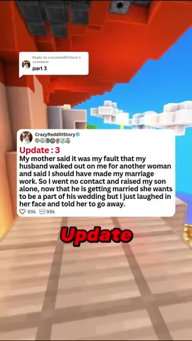 Replying to @crazyreddiitstory My mother said it was my fault that my husband walked out on me for another woman and said I should have made my marriage work. So I went no contact and raised my son alone, now that he is getting married she wants to be a part of his wedding but I just laughed in her face and told her to go away. Update: 3 #reddit #redditstorytime #redditreadings  #reddit_tiktok #redditstories #askreddit 