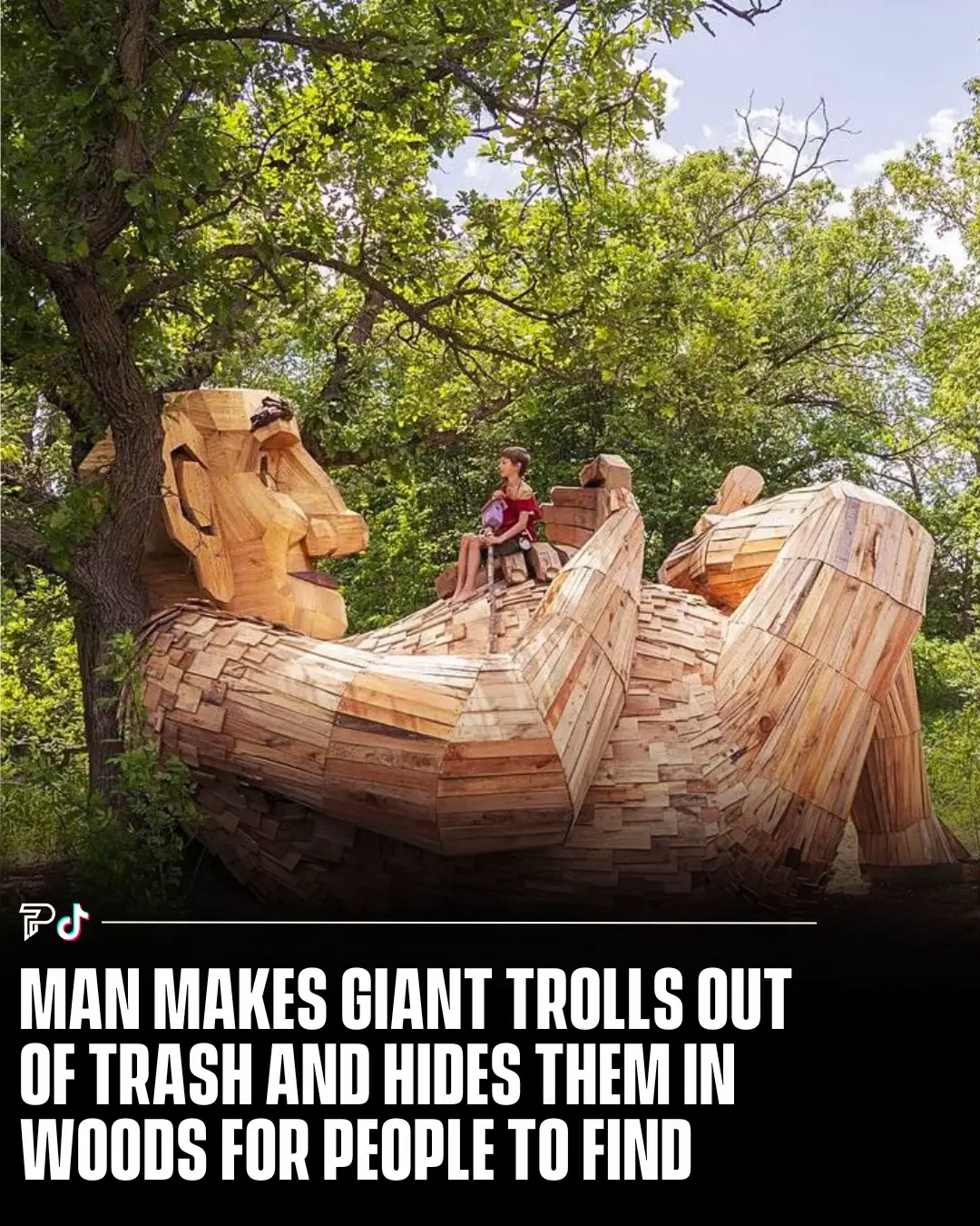 Danish artist Thomas Dambo was searching through a city dump in Minnesota when he discovered discarded yellow plastic bins from a tool company—ideal for creating a rabbit sculpture.  He contacted the company for more bins, collected 25 tons of scrap wood, and rallied 300 volunteers in Detroit Lakes, Minn., to craft giant public art pieces. Together, they built five trolls and a large golden rabbit, adorned with salvaged items like wiper blades for whiskers and motorcycle helmets for eyes. The sculptures, ranging from 16 to 42 feet tall, were hidden in nearby parks. Dambo, who has created 139 trash trolls across 19 U.S. states and 20 countries, aspires to surprise people with his trolls in every state. #RoadTo15Million #Pubity  (📸: @Thomas Dambo )