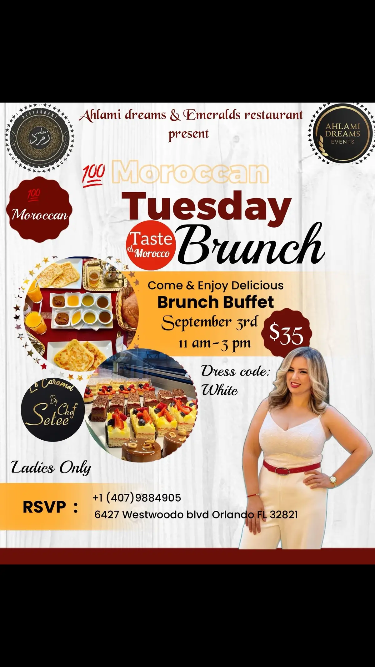 🎉 Ladies Brunch 🍽️ Join us on Tuesday, September 3rd, from 11 AM to 3 PM for a 100% Moroccan Brunch with surprises in store! ✨ Dress Code: All White Expect delicious food, elegant vibes, and unforgettable moments. 🎁 Tag your brunch squad & don’t miss out! #MoroccanBrunch #WhiteOutfit #LadiesBrunch #brunchvibes 