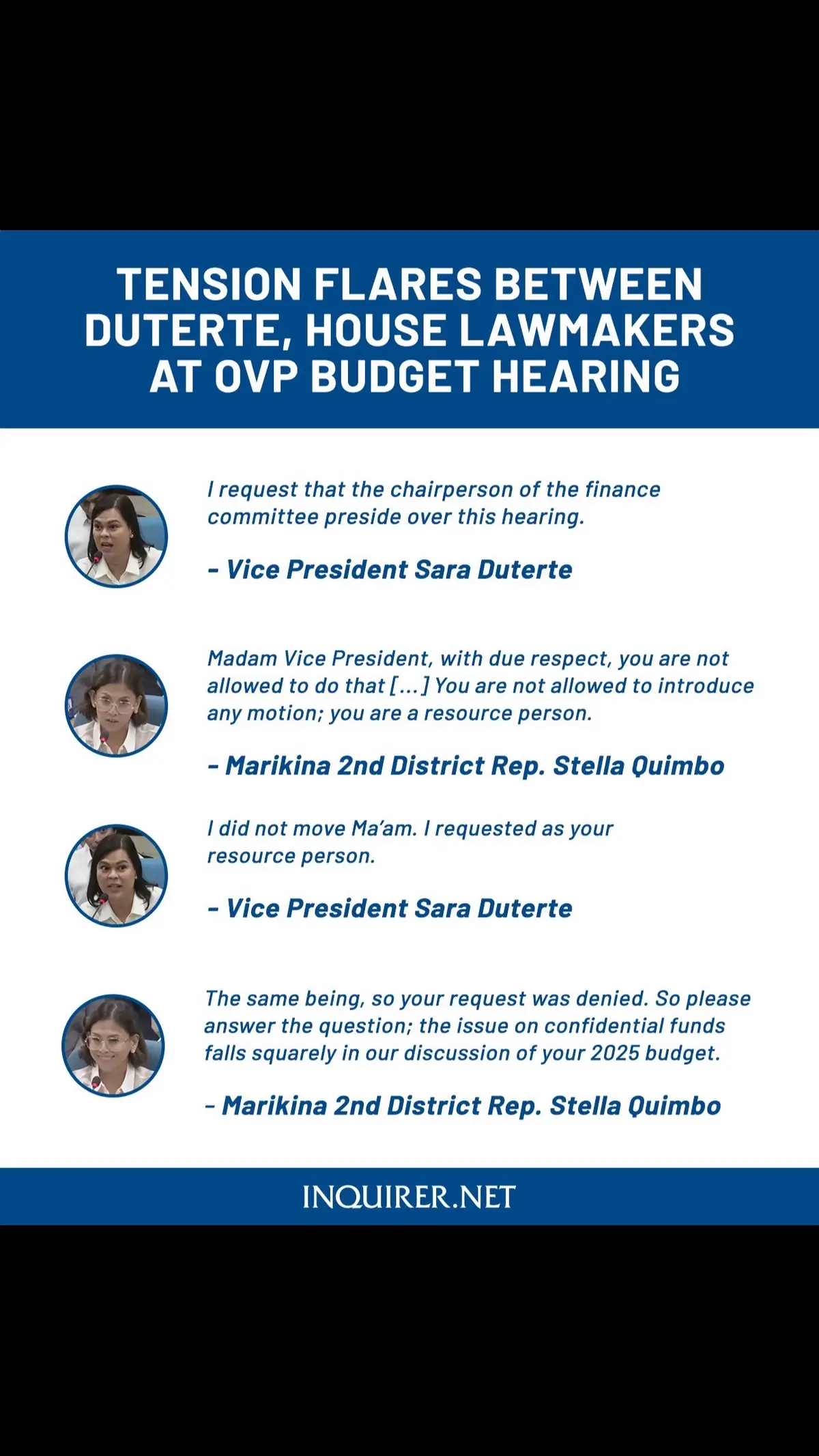 Tensions at the House of Representatives hearing on the Office of the Vice President's proposed 2025 budget flared after Vice President Sara Duterte refused to answer several questions, especially regarding confidential funds. #newsph #SocialNewsPH #inquirerdotnet #INQTok 