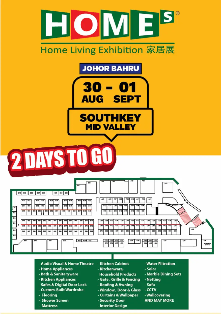 Tawaran Istimewa yang hanya di HOMEs - Home Living Exhibition!! 🏠🎉 🔎Dari bumbung ke pintu pagar,ruang tamu,bilik,dapur dan tandas semua ada di sini. 🔎Terdapat 350+ booths dan 300+ brand terkenal  🔎Perlindungan pembeli serta Hadiah percuma dan voucher tunai 🏠HOMEs - Home Living Exhibition  📆 Tarikh: 30 Ogos - 1 Sept 2024 (Jumaat, Sabtu & Ahad)  📍 Lokasi: Southkey Mid Valley, Johor Bahru 🕰️ Masa: 11 pagi - 9 malam #homes #homesliving #homeslivingexhibition #homelivingexhibition #homeexpo #homexpo #homeexhibition #homefair #homeshow #renovationmalaysia #interiordesignmalaysia #onestophomeexpo #appliances #kitchen #homedesign #renovation #livingroom #midvalley #midvalleysouthkey #johorbahru #jb