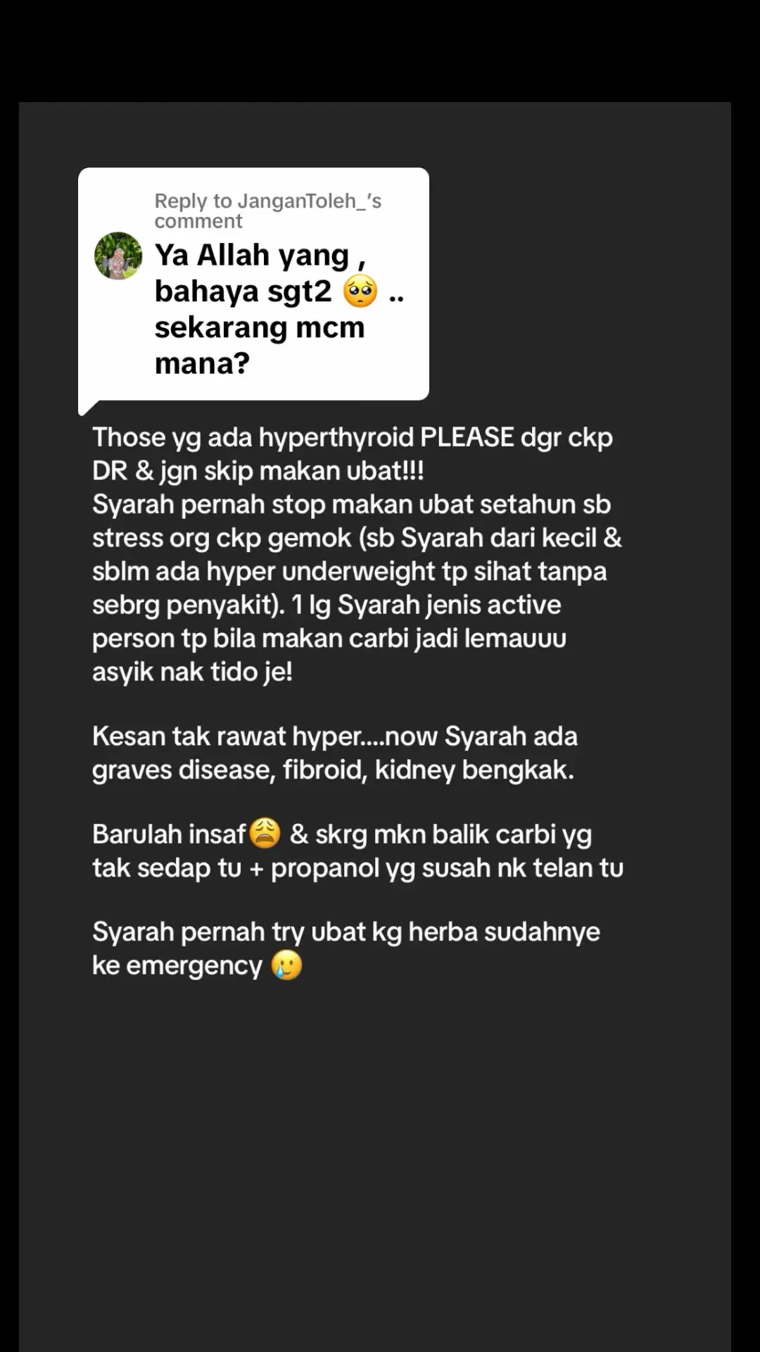 Replying to @JanganToleh_ Kalau ada apa2 petua utk rawat hyperthyroid please share….now Syarah consistent mkn ubat yg tak sedap tu 😝 sambil igt ckp Dr “lepas sembuh nnt awak kurus balik” Bukan semua pt hyper mengurus ye 😂 #syarahkot #hyperthyroidism #hyperthyroid 