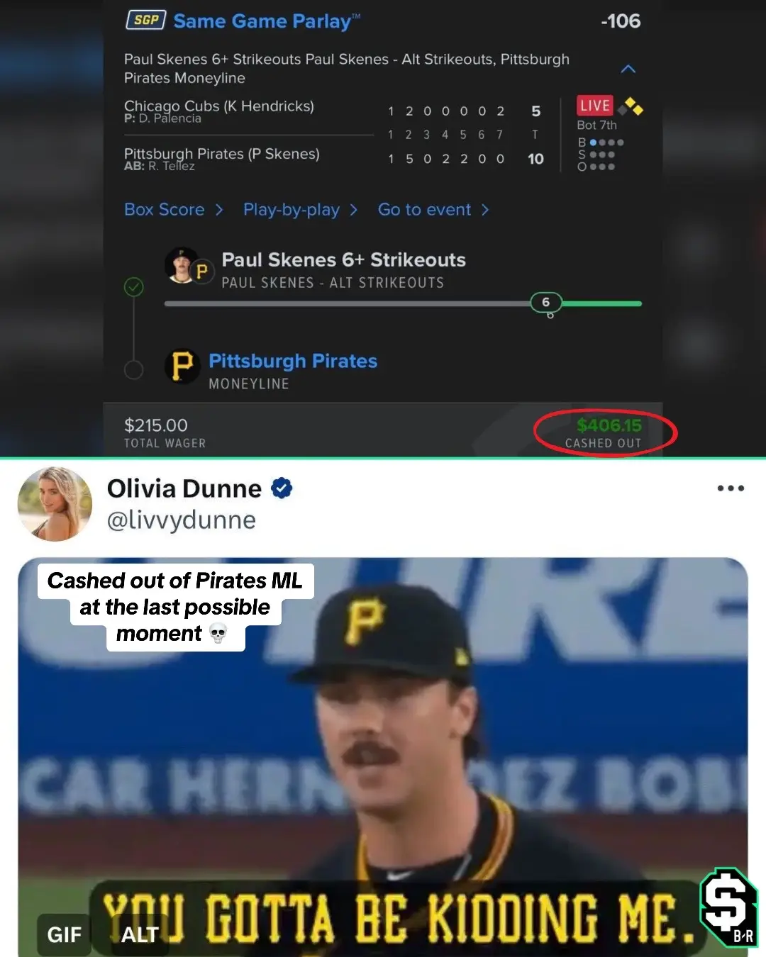 Pirates led 10-3 when Paul Skenes exited the game thru five innings... Cubs came back to win 14-10 and this bettor got out at the last possible moment 😲 #pirates #paulskenes #livvydunne #lsu #cubs #MLB  (via treyydmark/IG @FanDuel Sportsbook)