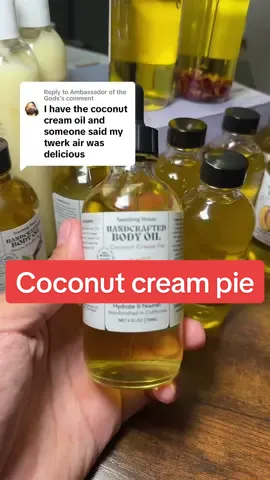 Replying to @Ambassador of the Gods The coconut cream pie body oil smells absolutely delicious! #soothinghouse #bodyoil #bodyoilsforwomen #coconutcreampie #perfume 