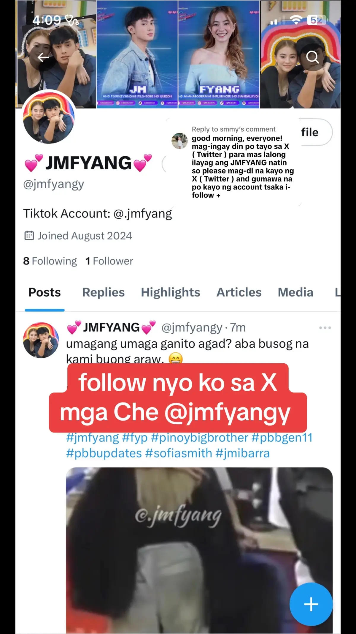 Replying to @smmy follow nyo ko mga che sa X @jmfyangy . thankiieee. power tweet tayo later!!  iready na sa drafts!!! 📲 BBS FYANG 😍 #pbb #happypill #jmfyang #fyp #pinoybigbrother #pbbgen11 #pbbupdates #sofiasmith #jmibarra #fypシ #fyp # #fypシ゚viral #foryou #foryoupage #fyppppppppppppppppppppppp #viral 