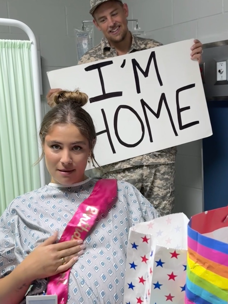 Soldier returns home for birth of first child on wife's birthday and surprises her with babies gender 🥹