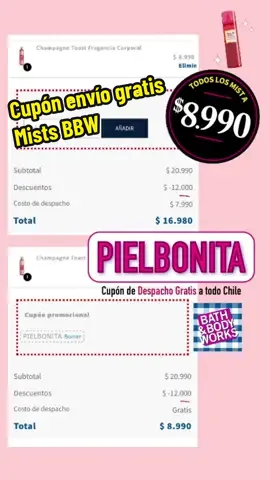 Cupón: PIELBONITA para 🚛 ENVÍO GRATIS📦 a todo Chile 🇨🇱 en MISTS Bath&body Works y el precio más barato del año!!! 🛍️  #pielbonita #cupon #codigo #chile #bbw #mist #enviogratis #tupielbonita #bathandbodyworks #
