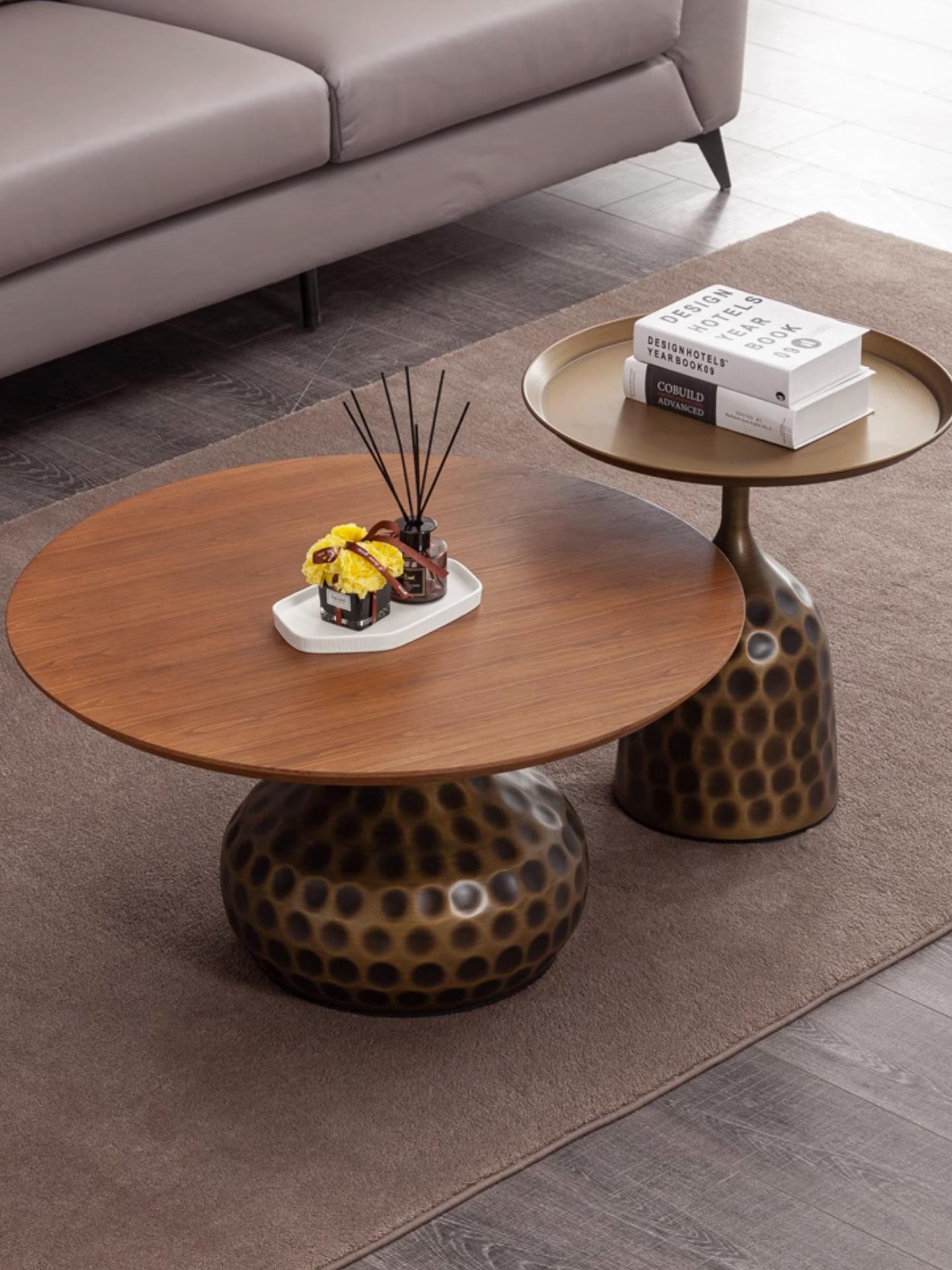 Solid Wood & Bronze Base Antique Gold Color Round Modern Coffee Table set. Variation available White Slate Stone Top & Bronze Leg. Two pieces set & Single piece options. https://livingwellza.com.au/product/solid-wood-bronze-gold-antique-metal-coffee-table