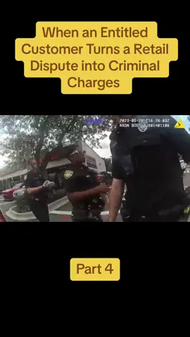 On May 22, 2023 in Florida, officers responded to a call of a woman causing a disturbance over a refund. The caller, an employee of the store, said that the woman requested a refund on an item she had already received a replacement for the previous day. When the employee advised the woman that he wasn't going to refund the item, she became aggressive, and at one point, while he was recording her behavior, she struck him. When officers arrived on scene, they found the two arguing near the door and separated them. This is body cam footage of the events that followed