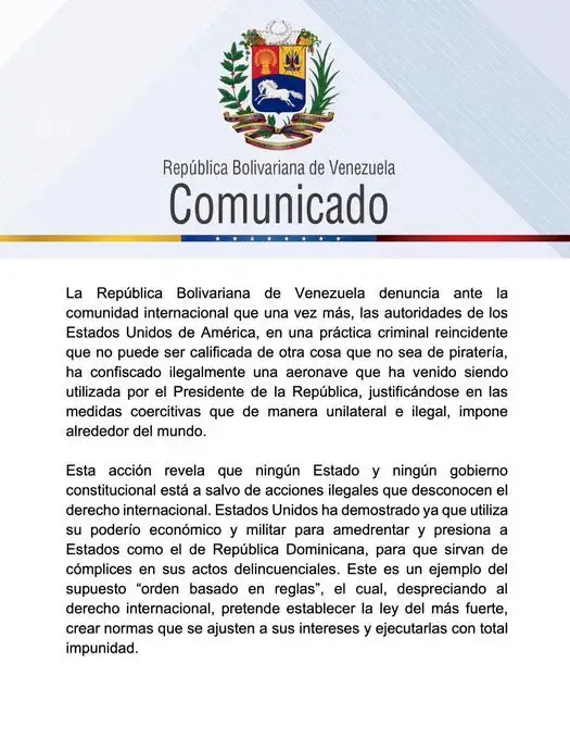 🚨🇻🇪 La tiranía de Nicolás Maduro confirma que el avión incautado era el usado por el tirano.