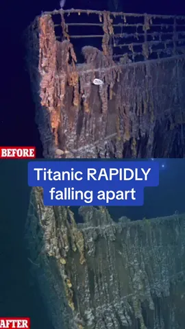 For more than 100 years, Titanic's famous bow has remained just as recognizable as it was before it sank. But shocking footage now shows that the iconic front rail of the ship has almost entirely collapsed. Videos and photos captured by robotic submarines reveal just how fast the Titanic is deteriorating. The expedition team who made the discovery now warn that it is only a matter of time before the entire ship collapses for good. #titanic #collapse #ruin #sea #boat #ship #ocean #sad #titanicsinking 