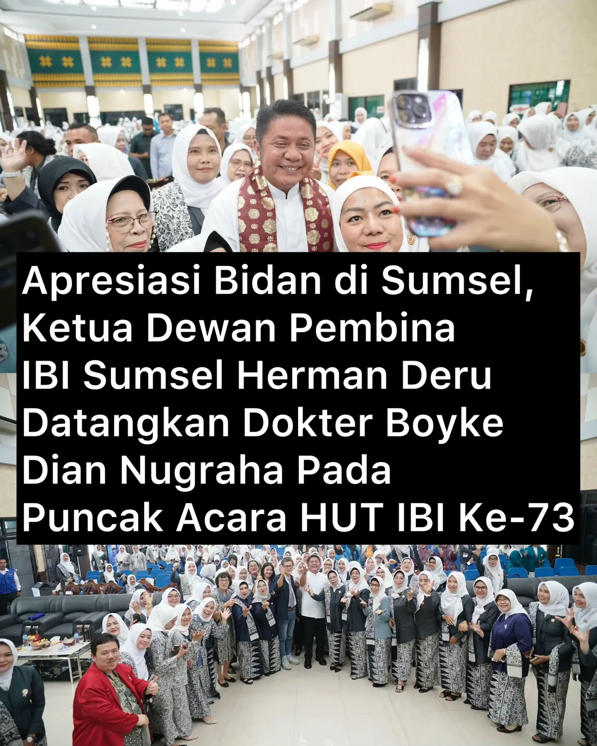 Palembang.  Ketua Dewan Pembina Ikatan Bidan Indonesia (IBI) Provinsi Sumatera Selatan H. Herman Deru menghadiri acara Hari Ulang Tahun (HUT) IBI Ke-73 Tahun 2024 yang dipusatkan di aula Asrama Haji Palembang, Selasa (3/9/2024).   Dalam kesempatan itu Herman Deru yang juga merupakan Gubernur periode 2018-2023 ini menegaskan, momen HUT IBI Ke-73 merupakan sarana untuk intropeksi bagi jalannya organisasi, baik yang sudah, sedang dan yang akan dijalankan di masa depan.   Selain itu Herman Deru mengingatkan agar IBI terus  mengupgrade diri dalam kemajuan teknologi. Sebab jika tidak bisa mengikuti perkembangan teknologi maka pelayanan kesehatan tidak akan  berjalan maksimal.   