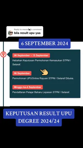 Replying to @meow🐈‍⬛ kemasukan degree untuk stpm setaraf 2024/25. Semoga dapat universiti idaman. #Degree #UPU #Upuonline2024 #fyppppppppppppppppppppppp #ipta #Tarikhdaftardegree2024 #asasi #stpmsetaraf #matrikulasi #ijazahsarjanamuda #stam