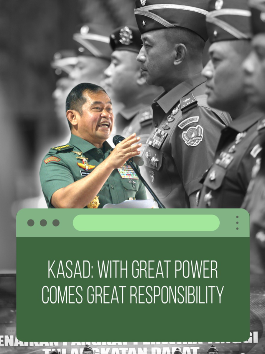 Kasad : With Great Power Comes With Great Responsibility Kepala Staf Angkatan Darat (Kasad), Jenderal TNI Maruli Simanjuntak memimpin Laporan Korps Kenaikan Pangkat 52 Perwira Tinggi (Pati) TNI AD di Markas Besar Angkatan Darat (Mabesad) Jakarta, Rabu (4/9/2024). Dalam amanatnya, Kasad mengingatkan bahwa 