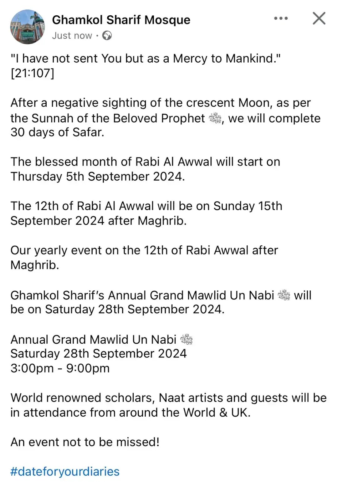 The Month of Rabi Awwal will start on Thursday 5th September 2024 The Annual Grand Mawlid will be on Saturday 28th September 2024.  World Renowned scholars, Naat artists & guests will be in attendance.  #dateforyourdiaries #fypage #fyppppppppppppppppppppppp #trending #foryoupage #fyp #fypシ゚viral #muslimstiktok #islamic_video #prophetmuhammad #allah #sufi #ghamkolsharif #milad #mawlid #milaad #rejoice #birmingham #uk 