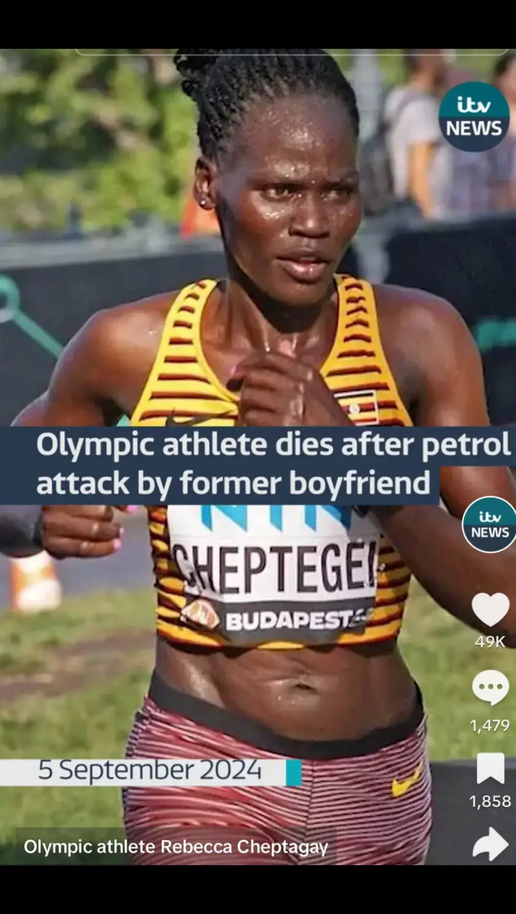 Olympic athlete Rebecca Cheptegei has died after a petrol attack by her former partner #itvnews #uganda #kenya #olympics #sad