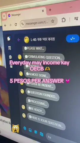 HELLO, I’M SAB RIEN LEGIT UPLINE IN ONLINE EARNING CHATBOT! (OECB)🎖️ 𝟱 𝗣𝗘𝗦𝗢 𝗥𝗔𝗧𝗘! 𝟮 𝗖𝗢𝗥𝗥𝗘𝗖𝗧 𝗔𝗡𝗦𝗪𝗘𝗥𝗦 𝗠𝗢, 𝟭𝟬 𝗣𝗘𝗦𝗢𝗦 𝗡𝗔 𝗔𝗚𝗔𝗗! #oecb #messengerbot #fyp #extraincome #legitearningapp #sidehustle #earning #messenger #viralvideo #trend #foryoupage #viral #fyp #workingstudent #workingfromhome #jobonline #foryoupage #chatbot 