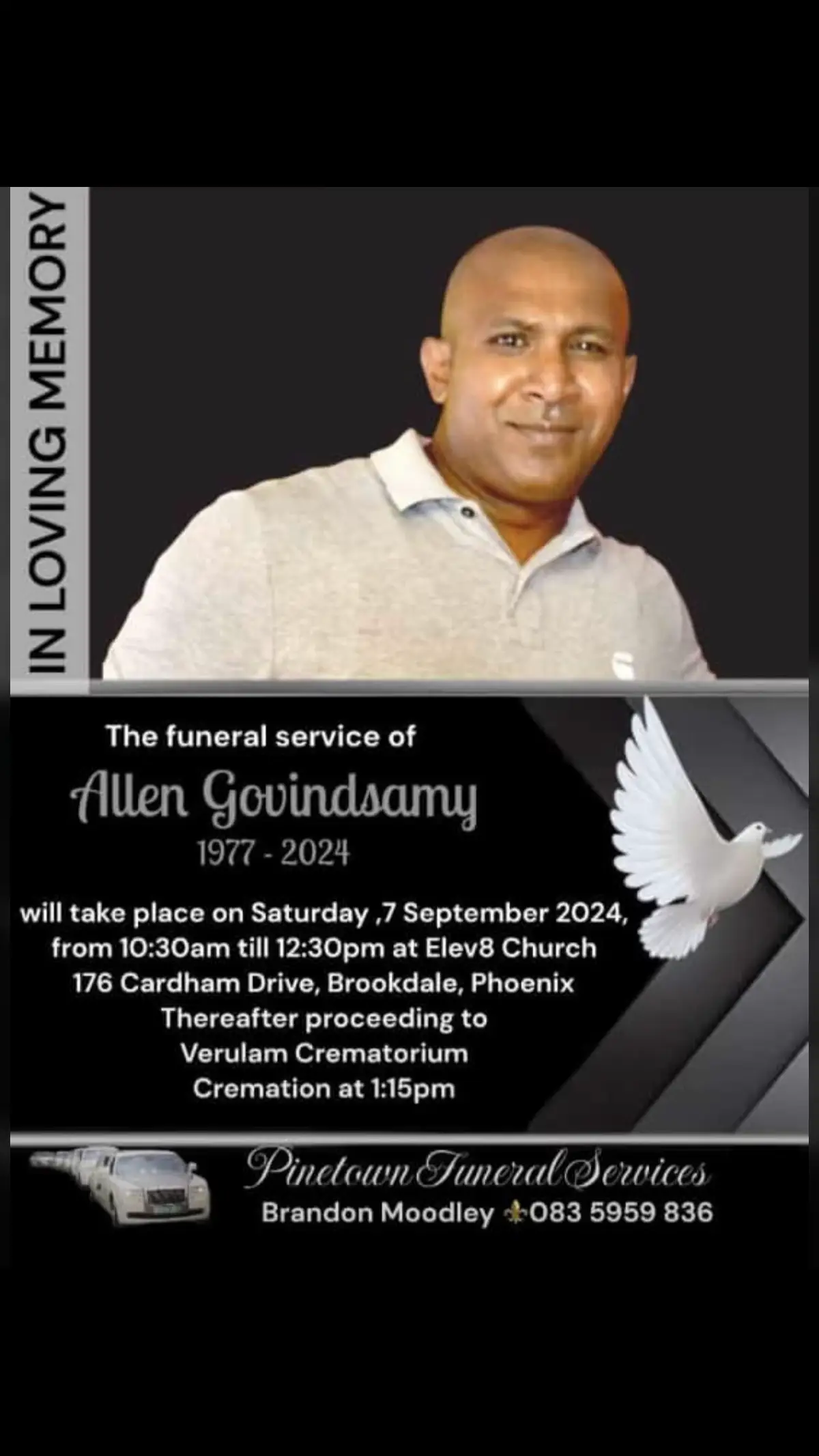 Funeral Notice of Allen Govindsamy 🤍  Allen worked at Mt.Edgecombe Hospital for many years and met many people during his days at the hospital, he was known for being helpful and friendly to eveyone that he met. He will be missed by his Son, siblings and family 🤍 #fyp #foryoupage #funeralnotice #durban #tiktoksa #tiktoksouthafrica 