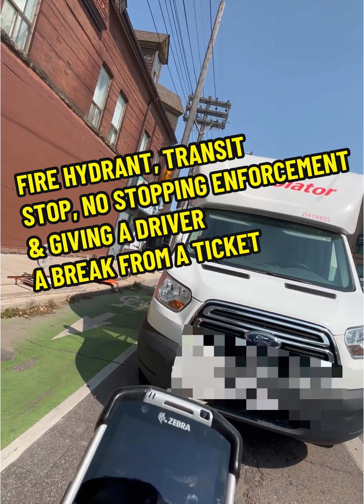 Don’t ever say I never give breaks… 🤷🏼‍♀️the driver came back before i even took any photos/input any information. I used my discretion and said see ya later ! However, an unoccupied vehicle is a different story and putting your “hazards” lights on only tells me you know you’re not supposed to be parked there and do not exempt you from receiving a ticket. 3 tickets served in this video 1. $125 for the fire hydrant 2. $190 for the TTC transit stop 3. $125 for no stopping. #fyp  #toronto #parkingenforcement #downtown #torontoparking #bikelanes #BikeTo #bylaw #parkingticket #ticket #cyclist #bikepatrol #yorkville #queenwest #parkingofficer #torontopoliceservice 