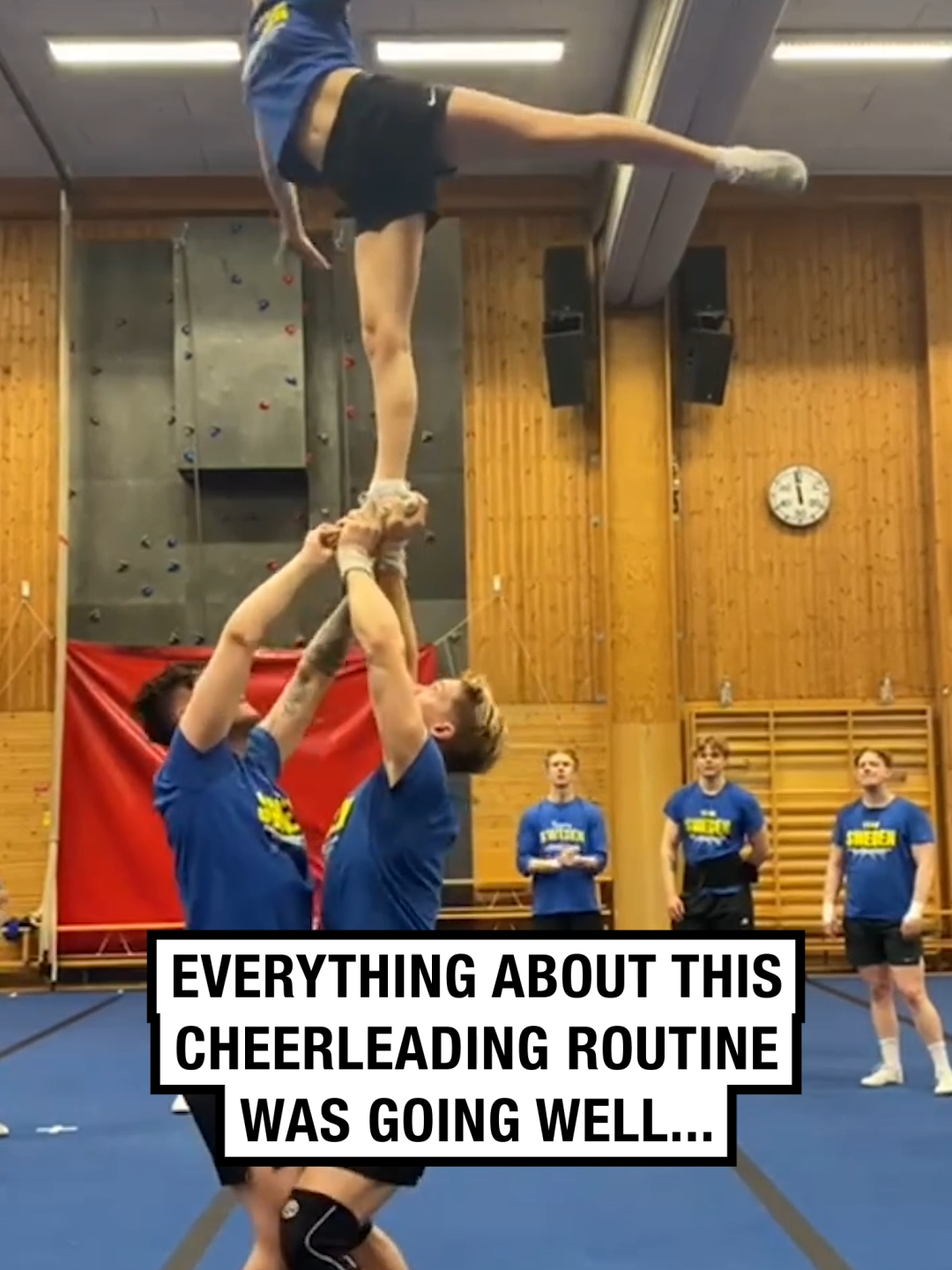 The way the other guy walked away... 🤣🫣 🎥 @thobiasthorwid  #UNILAD #funny #fail #fails #cheerleading #cheerleaders #fall #caughtoncamera