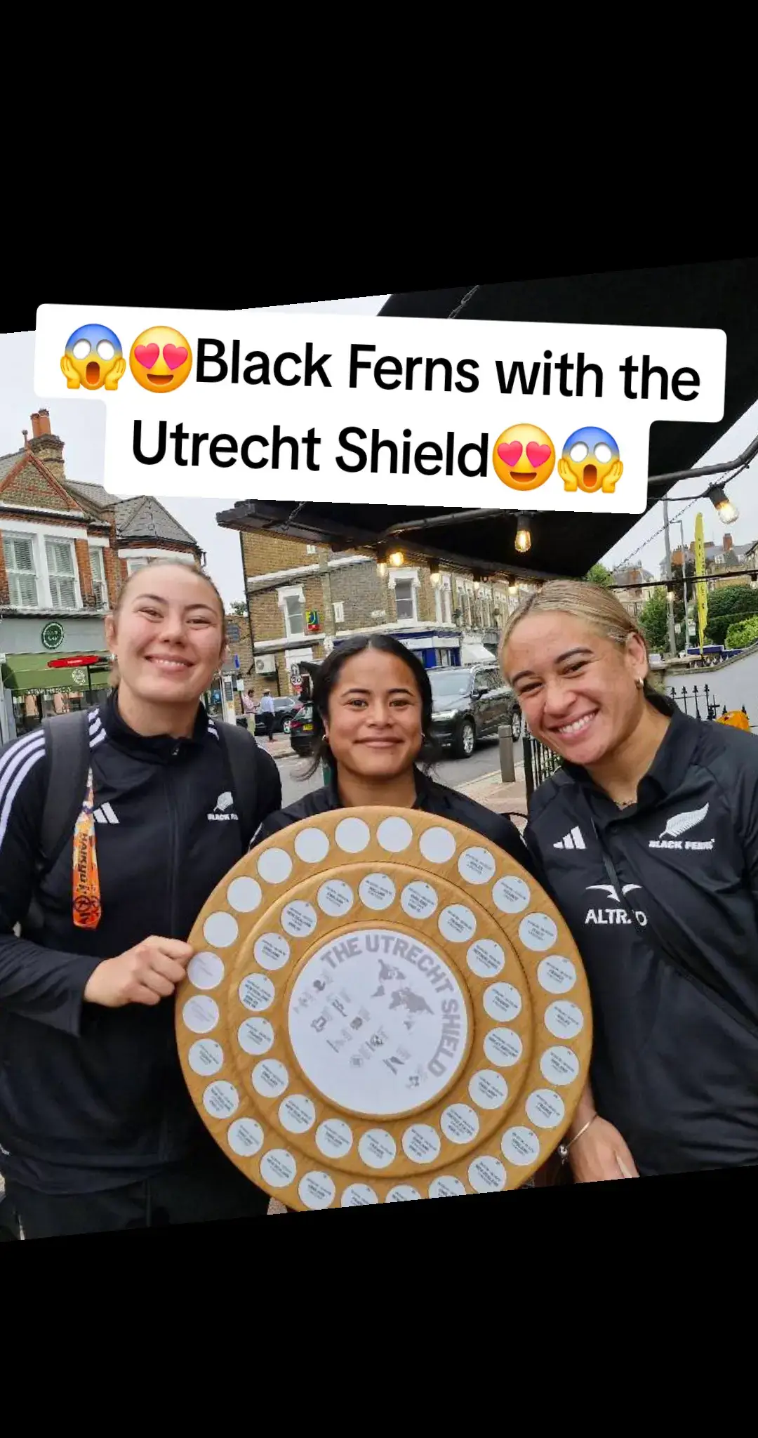 😱😍Black Ferns with the Utrecht Shield😍😱 Me and my son rushed after school and managed to catch the @Black Ferns  after coffee at the @Ground Coffee Society  It was a super close call with them heading out to the cab but they still made time to chat with us and listen to me ramble on about how rugby's lineal world title works and why I want to make it a fixture for the women's game (and men's with the Raeburn Shield)  Currently @canadarugby hold the Utrecht Shield and their next defence is against France in #WXV1  I love when the chance comes to get women's lineal world title into the hands of players