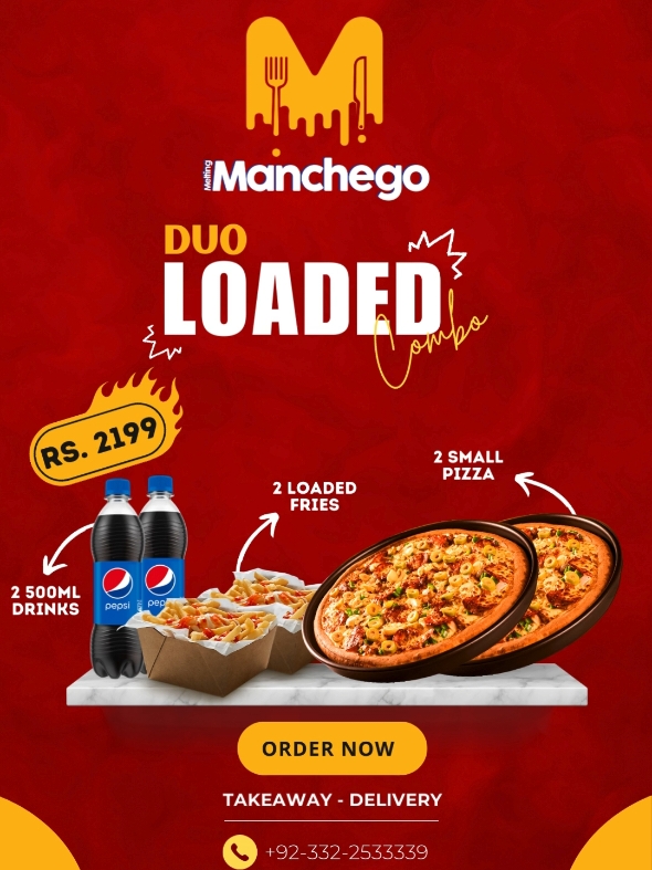 Dou Loaded Combo | Melting Manchego 🍕🍟🥤 Looking for the ultimate duo meal? Our Dou Loaded Combo is packed with deliciousness, perfect for two! Enjoy a feast full of flavor and indulgence. 2 Small Pizzas (Choose from any regular crust and topping) 2 Packs of Loaded Fries 2 (500ml) Soft Drinks Rs. 2199.00 It's the perfect meal to share with a friend or loved one. Get ready to enjoy a loaded combo that hits the spot! 😋 For Orders & Queries: 📞 Call 051-5578634 💬 WhatsApp 03322533339 📍 Tawakalabad, Chakri Road, Ranial, Rawalpindi 🍕 PIZZAS | BURGERS | PASTA | SALAD | FRIED CHICKEN | FRIES | SIDES | DRINKS 🍟 #DouLoadedCombo #PizzaAndFries #PerfectForTwo #FlavorOverload #LoadedDelights #OrderNow #Takeaway #deliveryservice 