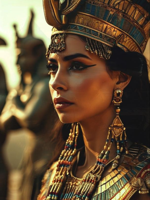 AI- Art - Cleopatra, the last queen of Egypt, was a brilliant and charismatic ruler known for her intelligence, diplomatic skill, and legendary beauty. Fluent in multiple languages, she navigated political intrigue and forged alliances with Julius Caesar and Mark Antony. Her deep love for Egypt and her tragic death have made her an enduring icon, captivating the world to this day. #aiart #history #cleopatra #egypt #pyramid #ancient #woman