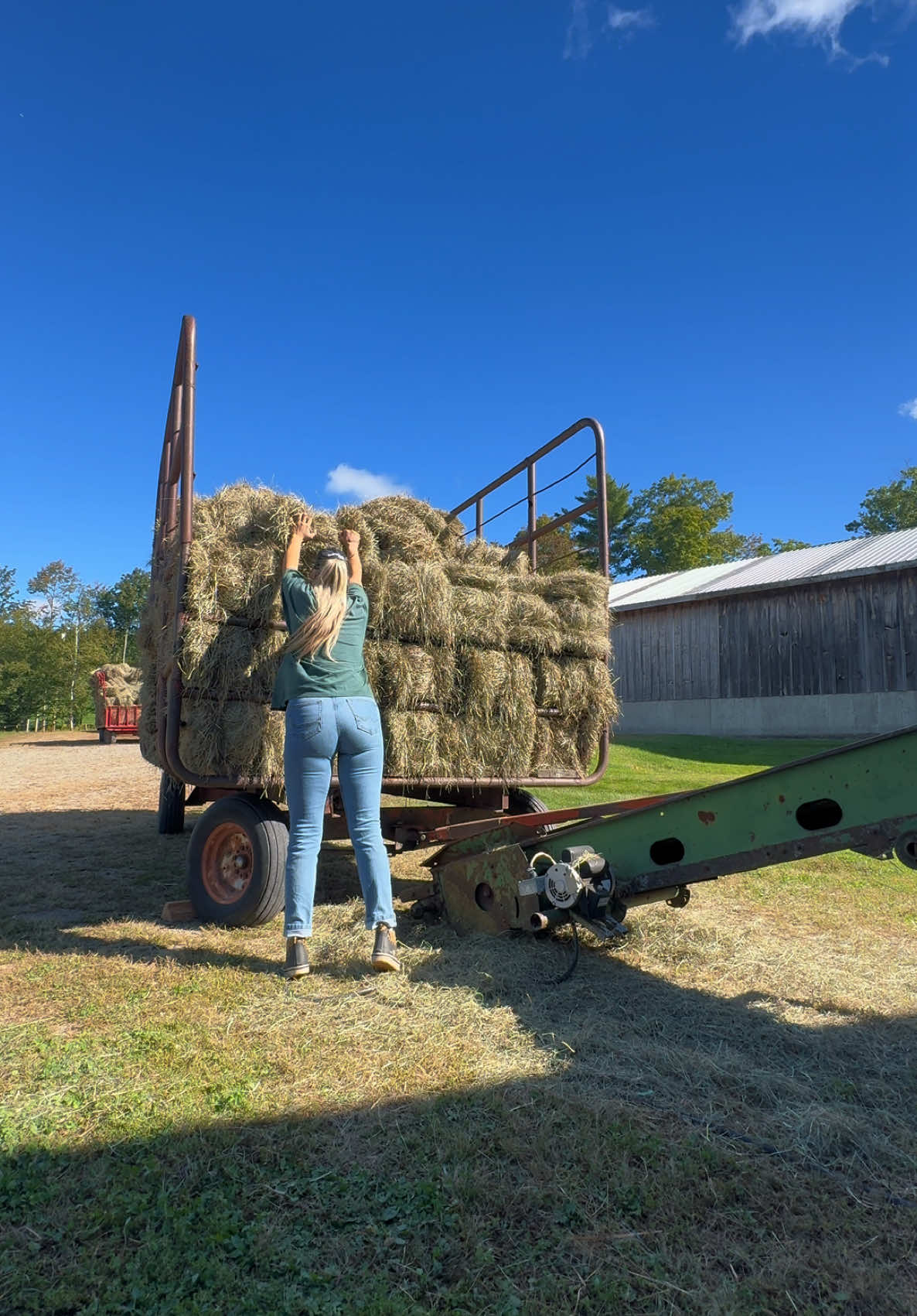 Gotta love a little early morning workout. 5 wagons empty to start the day and ready to head to the next hay feild. Bringing back a little buck owens on this beautiful day. #buckowens #country #farmlife #maine #hay #wagon #farmersdaughter #fypシ゚viral #dryhay #farmtok #