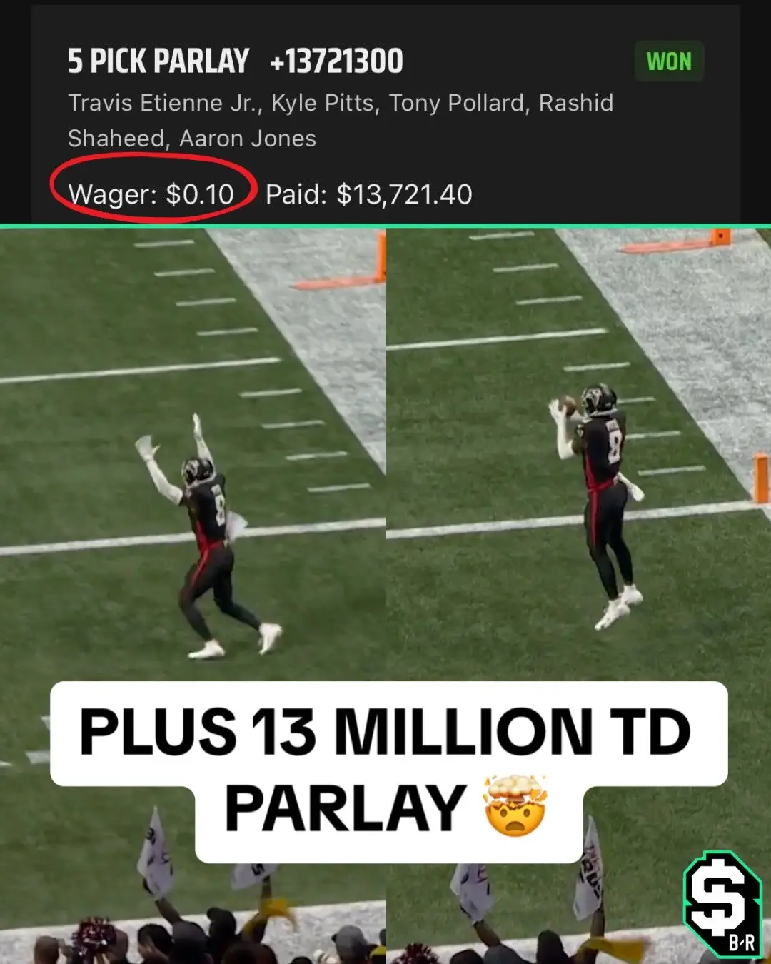 A WIDE OPEN KYLE PITTS SEALS THIS $0.10 TO $13K FIRST TD PARLAY... Plus 13 million odds is absurd 😭 #kylepitts #aaronjones #tonypollard #rashidshaheed #nfl #football #fantasyfootball  (via Chrishenkel21/IG @DraftKings Sportsbook)