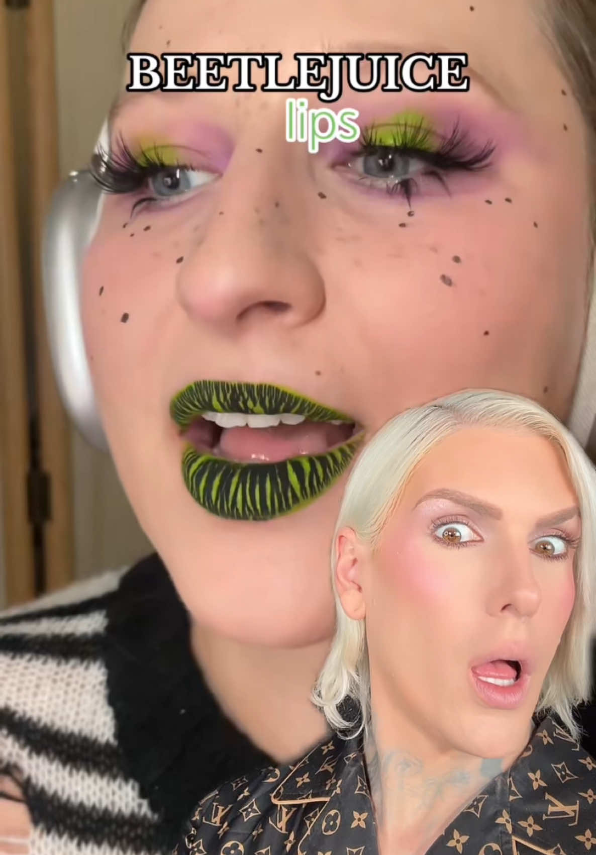 Let’s try the viral Beetlejuice painted lips 😱 Is it Jeffree Star Approved?? #makeup #jeffreestar #beetlejuice #lipart #BeautyTok #makeuptutorial #viral   #duet with @Hello Adri 