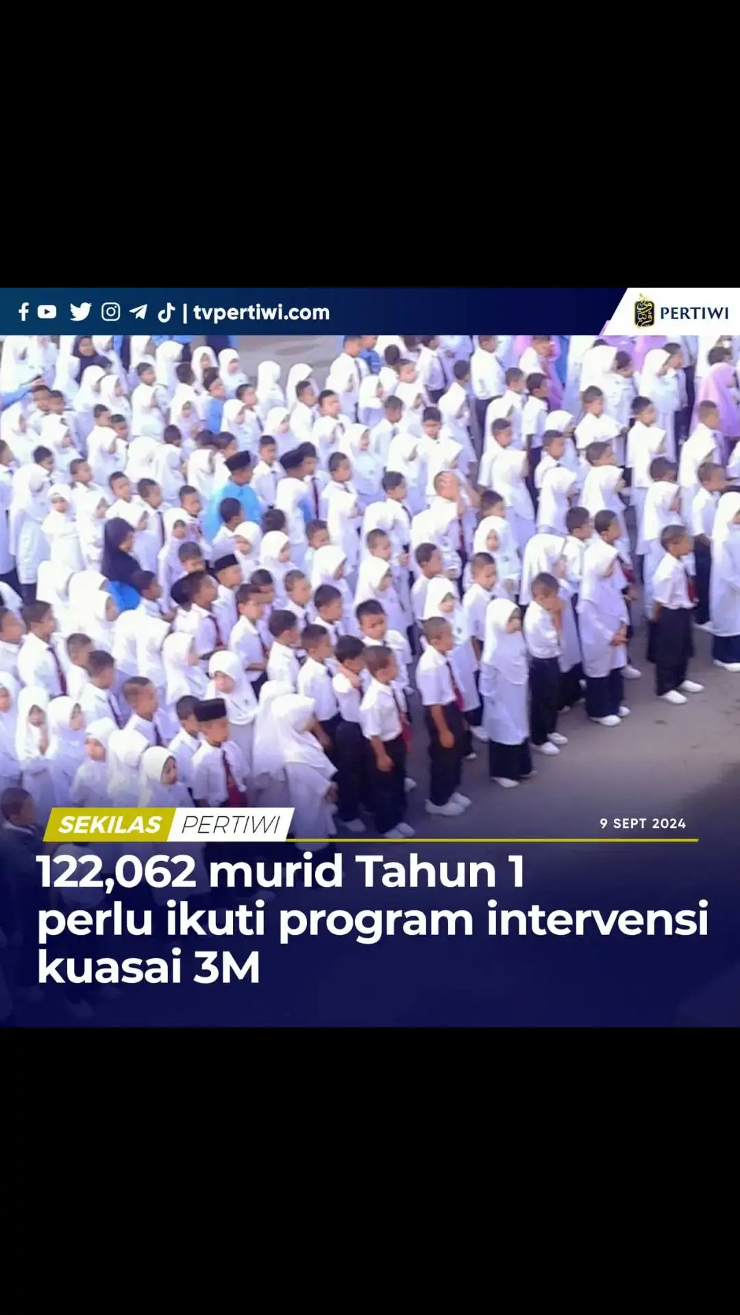 Kementerian Pendidikan Malaysia (KPM) mengenal pasti seramai 122,062 murid Tahun Satu sesi persekolahan 2024/2025 perlu mengikuti program intervensi bagi meningkatkan kemahiran membaca, menulis dan mengira (3M).   Menurut Ketua Pengarah Pendidikan, Azman Adnan, berdasarkan jumlah itu 27.5 peratus daripada keseluruhan 44,113 murid Tahun Satu yang berdaftar di sekolah seliaan Kementerian Pendidikan (KPM).   Selain itu, katanya seramai 62,928 daripada keseluruhan murid yang perlu mengikuti program intervensi belum menguasai literasi dan numerasi di tahap penguasaan minimum, iaitu Tahap Penguasaan 1.   Tambahnya, 45,465 murid dikenal pasti belum menguasai literasi manakala 13,669 murid belum menguasai numerasi.   