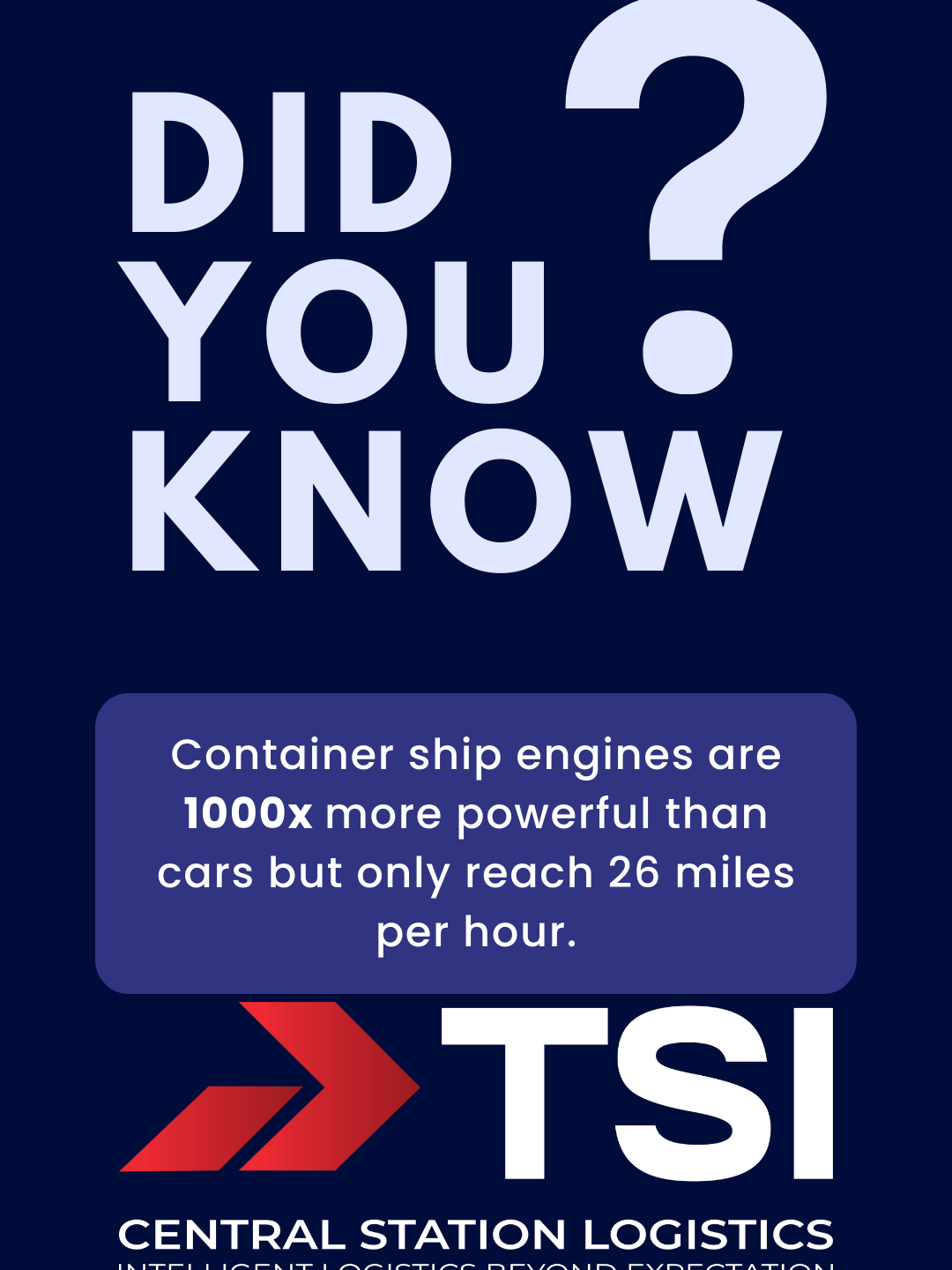 Did you know that a container ship engine is over 1000 times more powerful than a car's? 🤯 Yet, it only cruises at a leisurely 26 mph. 🚢 #ShippingFacts #GlobalJourney #LogisticsTrivia #TSICentralStation