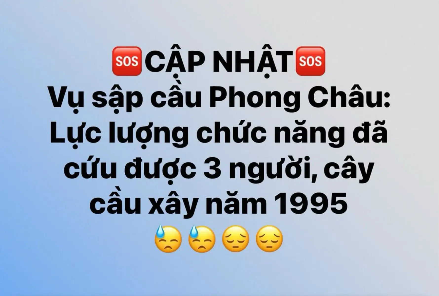 🆘🆘🆘Hiện tại, lực lượng chức năng đã cứu được 3 người may mắn rơi và bám được ở thành cầu.  Đến 12 giờ trưa, ngành chức năng chưa xác định được số phương tiện và người rơi xuống sông ở thời điểm sập cầu Phong Châu.  Hiện, lãnh đạo Quân khu 2 và lãnh đạo tỉnh, lực lượng công an, quân đội với hàng trăm người đã có mặt tại khu vực này, sẵn sàng cứu hộ. Cầu Phong Châu là cây cầu bắc qua sông Hồng trên Quốc lộ 32C, nối liền hai huyện Lâm Thao và Tam Nông thuộc tỉnh Phú Thọ.  Cầu có lý trình tại Km 18+300 Quốc lộ 32C, kết nối xã Phùng Nguyên, huyện Lâm Thao với xã Vạn Xuân, huyện Tam Nông.  Cầu Phong Châu được xây dựng theo công nghệ cũ với kết cấu dàn thép, có chiều dài 375,36 m. Công trình được khánh thành vào ngày 28/7/1995.#cauphongchau 