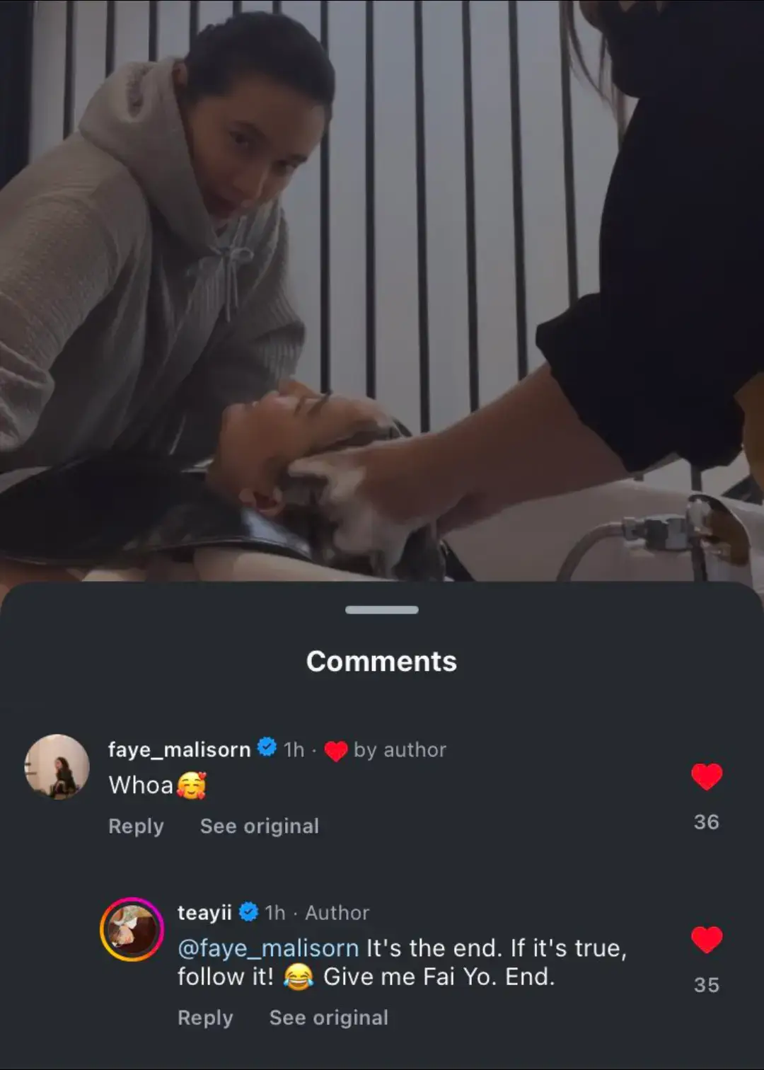 Faye: Whoaaa   Teayii: That’s it, right? If you're really serious, follow through😂 I'm asking for FayeYoko, okay? Vietsub: Faye: Ồ wow Taeyii: Chỉ vậy thôi à??? nếu bạn nghiêm túc thì làm theo 😂 Faye và Yo, okay chứ? Cho ai chưa biết thì xuất phát từ clip làm tóc, gội đầu, và bạn Faye làm cử chỉ áp sát môi giống như hôn, và bạn cmt bảo là Faye với Yoko làm theo như vậy 🫠🫠 bạn ủng hộ Fayeyoko quá nhỉ 😂😂😂 #fayeperaya #yokoapasra 