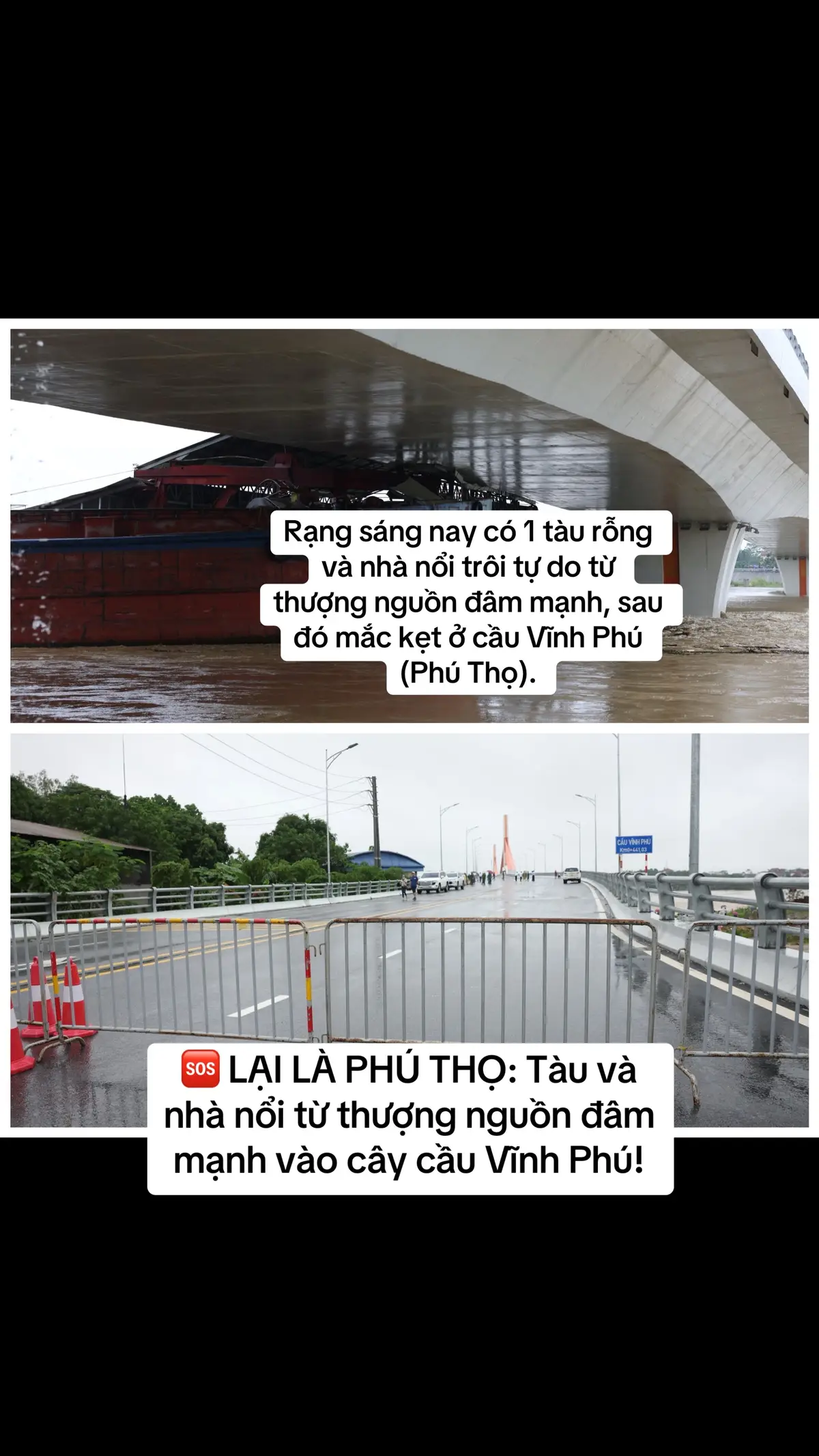 Rạng sáng nay có 1 tàu rỗng và nhà nổi trôi tự do từ thượng nguồn đâm mạnh, sau đó mắc kẹt ở cầu Vĩnh Phú (Phú Thọ). Lực lượng chức năng đã phong tỏa, cấm các phương tiện lưu thông qua cầu Vĩnh Phú Chủ tịch UBND phường Dữu Lâu (TP Việt Trì, Phú Thọ) Phan Quốc Khánh cho biết, rạng sáng 10/9, các cơ quan chức năng đã ghi nhận 1 tàu hàng rỗng và 1 nhà nổi trôi dạt từ thượng nguồn, mắc kẹt tại đây. Cầu Vĩnh Phú kết nối thành phố Việt Trì (tỉnh Phú Thọ) với huyện Sông Lô (tỉnh Vĩnh Phúc).  Ghi nhận của PV VietNamNet vào 8h hôm nay, tàu và nhà nổi mắc kẹt tại gầm cầu Vĩnh Phú, gần trụ cầu thứ 2 thuộc địa bàn phường Dữu Lâu Ông Phùng Ngọc Tuân, Phó Giám đốc phụ trách Sở Giao thông Vận tải Vĩnh Phúc cho biết, hiện tại các đơn vị chức năng đang phối hợp với phía tỉnh Phú Thọ để lên phương án xử lý. Cầu Vĩnh Phú là cầu mới nhất được xây dựng trên địa bàn tỉnh Phú Thọ với tổng mức đầu tư hơn 540 tỷ đồng. Chiều dài của cầu hơn 509m, trong đó, cầu chính dài 290m, gồm 4 làn xe cơ giới. #phutho #xuhuong 