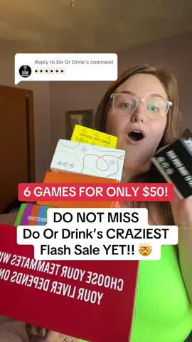 Replying to @Do Or Drink Do Or Drink has decided to run the sale of the CENTURY on their games, and they are now $50 for SIX GAMES with FREE SHIPPING! 🤯 That’s $130 worth of games for $50!!! @Do Or Drink NEVER MISSES y’all!! #doordrink #doordrinkchallenge #drinkgame #pregame #partygame #GameNight #drinkinggame #drinkinggame #drink 