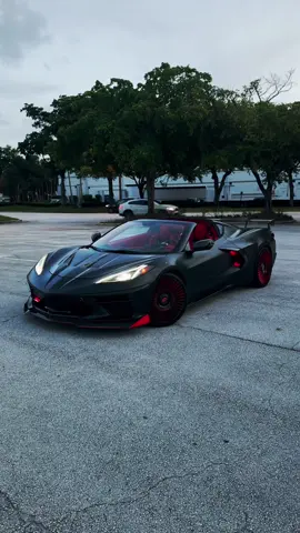 This 2023 Chevrolet Corvette 3LT Z51, wrapped in Matte Black over an Arctic White exterior, features a 6.2L V8 engine paired with an 8-speed dual-clutch transmission. Boasting Forgiato wheels, a lowered stance on coil overs, and a carbon fiber hood and wing, it combines high-performance with striking aesthetics. The Adrenaline Red interior adds a bold touch. #corvette #corvettec8 #carsoftiktok #forgiato 