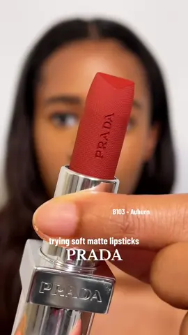 I rarely wear lipstick (I prefer lipgloss or a tinted balm) but I do quite like the first one! Which one do you think suits me more?  @pradabeauty Monochrome Soft Matte B107 + B103 *gifted @Community X SEEN  #softmatte #lipstick #makeupreview #beautyproducts #brownskinmakeup #autumncolours 