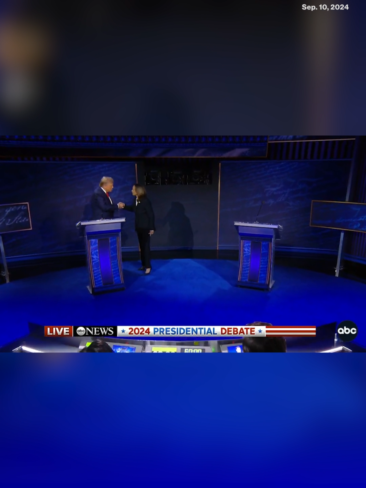 Candidates Kamala Harris and Donald Trump shake hands as they take the stage in their first presidential debate. #ABCDebate